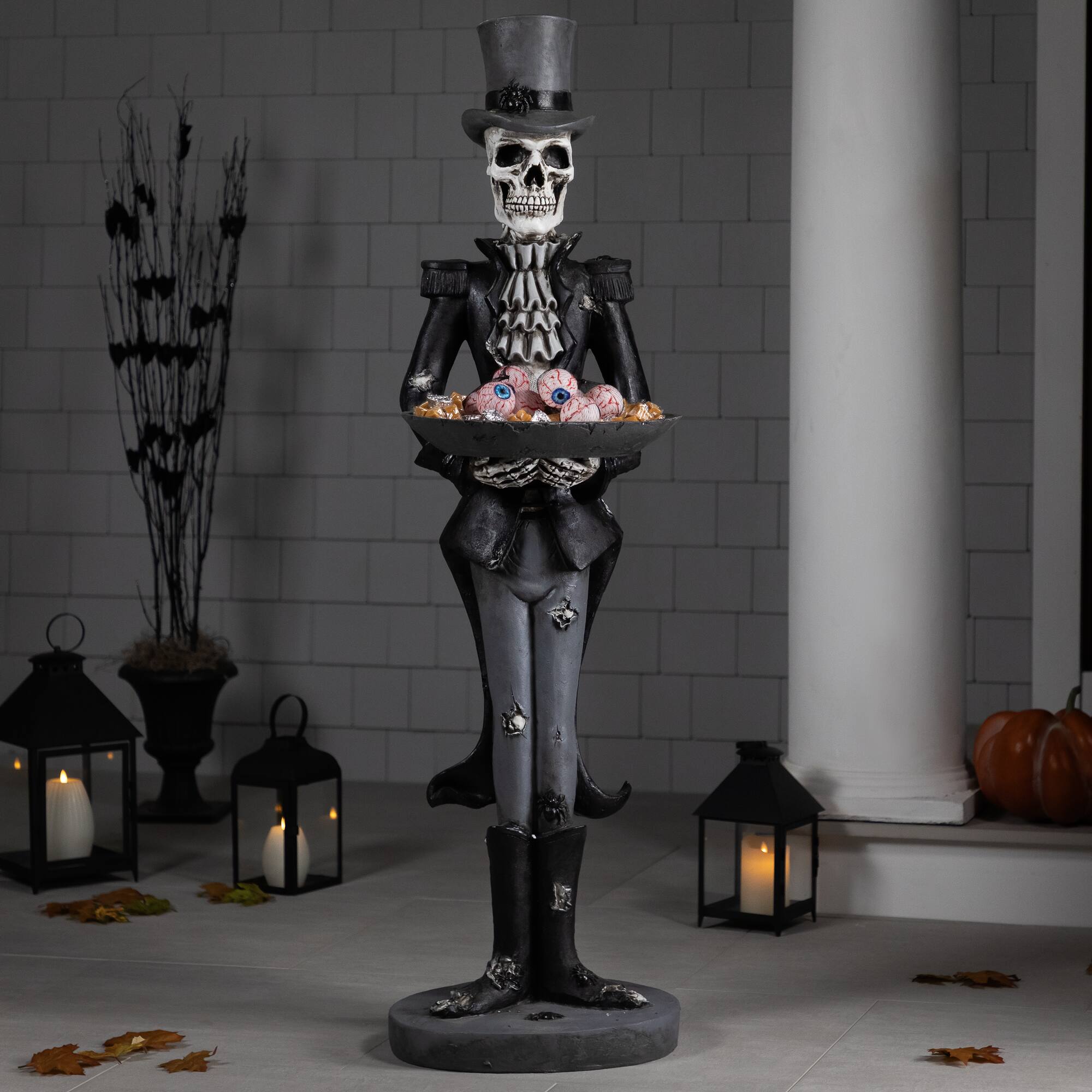 Front. Northlight - Skeleton Butler with Tray Standing Halloween Statue - 4.5' - Black.