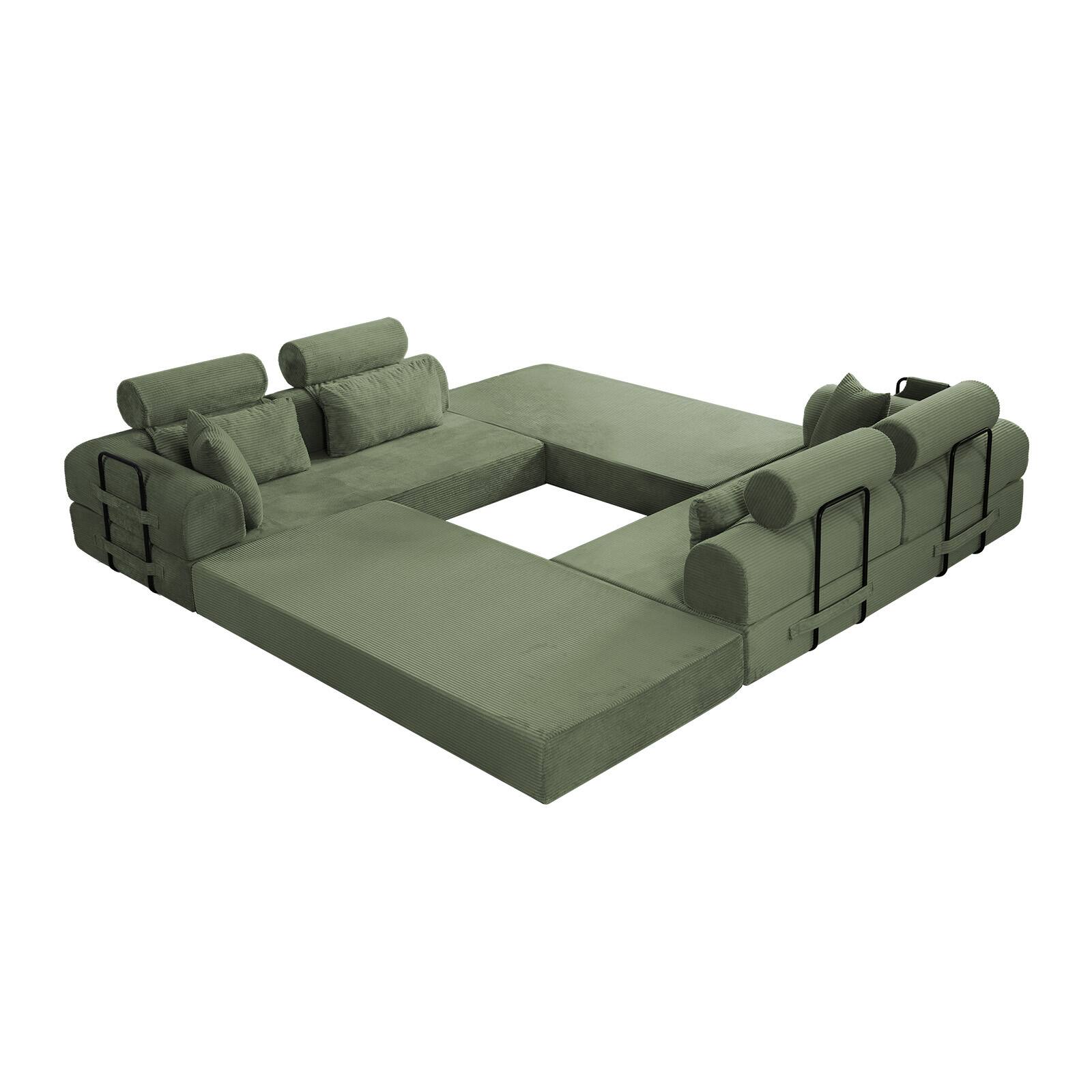 Alt View 1. Anysun - L-Shape Corduroy Modular Sectional Sofa - Minimalist Compressed Design, Unfolds into Bed, Space-Efficient - Grayish Green.