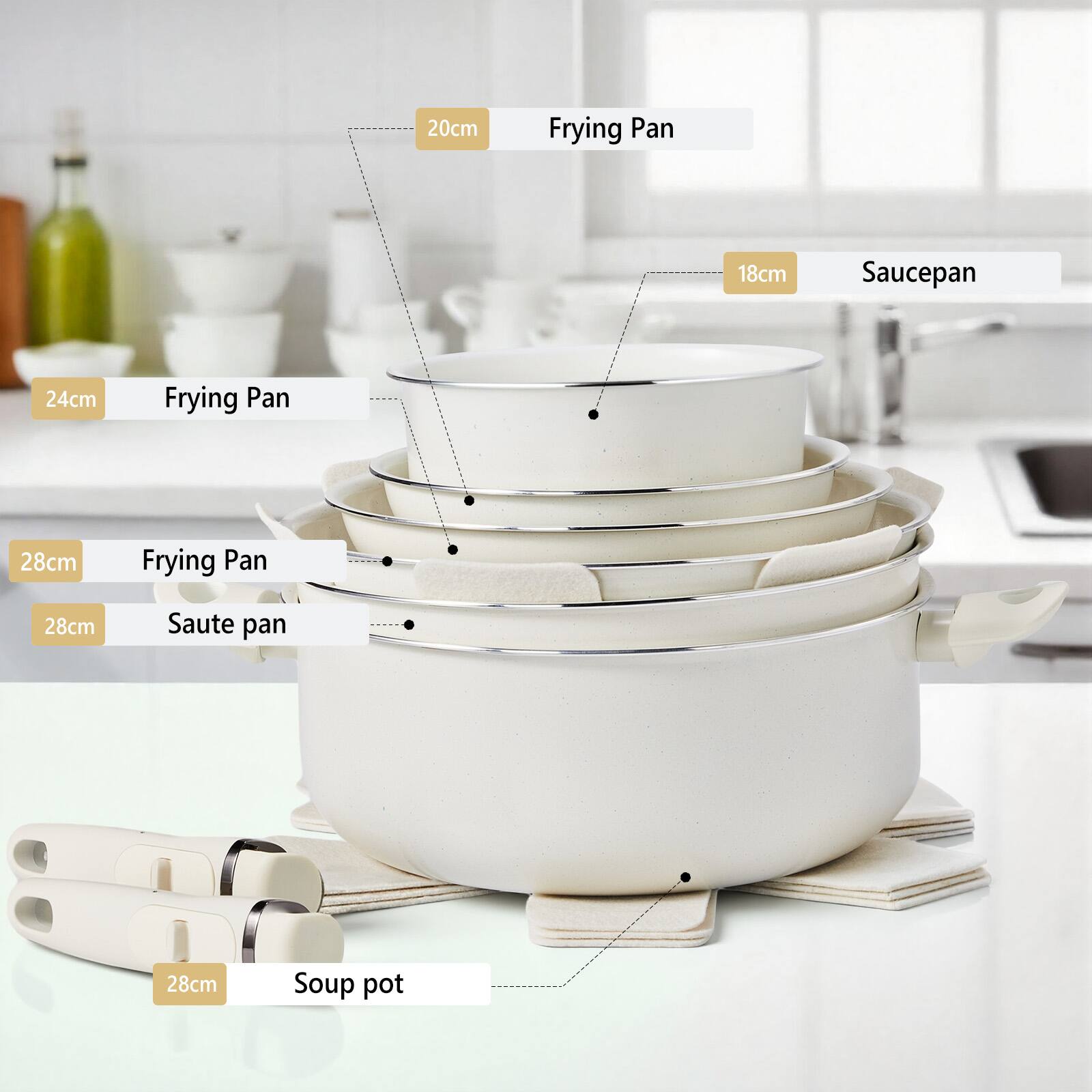 20cm Frying Pan  
18cm Saucepan  
24cm Frying Pan  
28cm Frying Pan  
28cm Saute pan  
28cm Soup pot