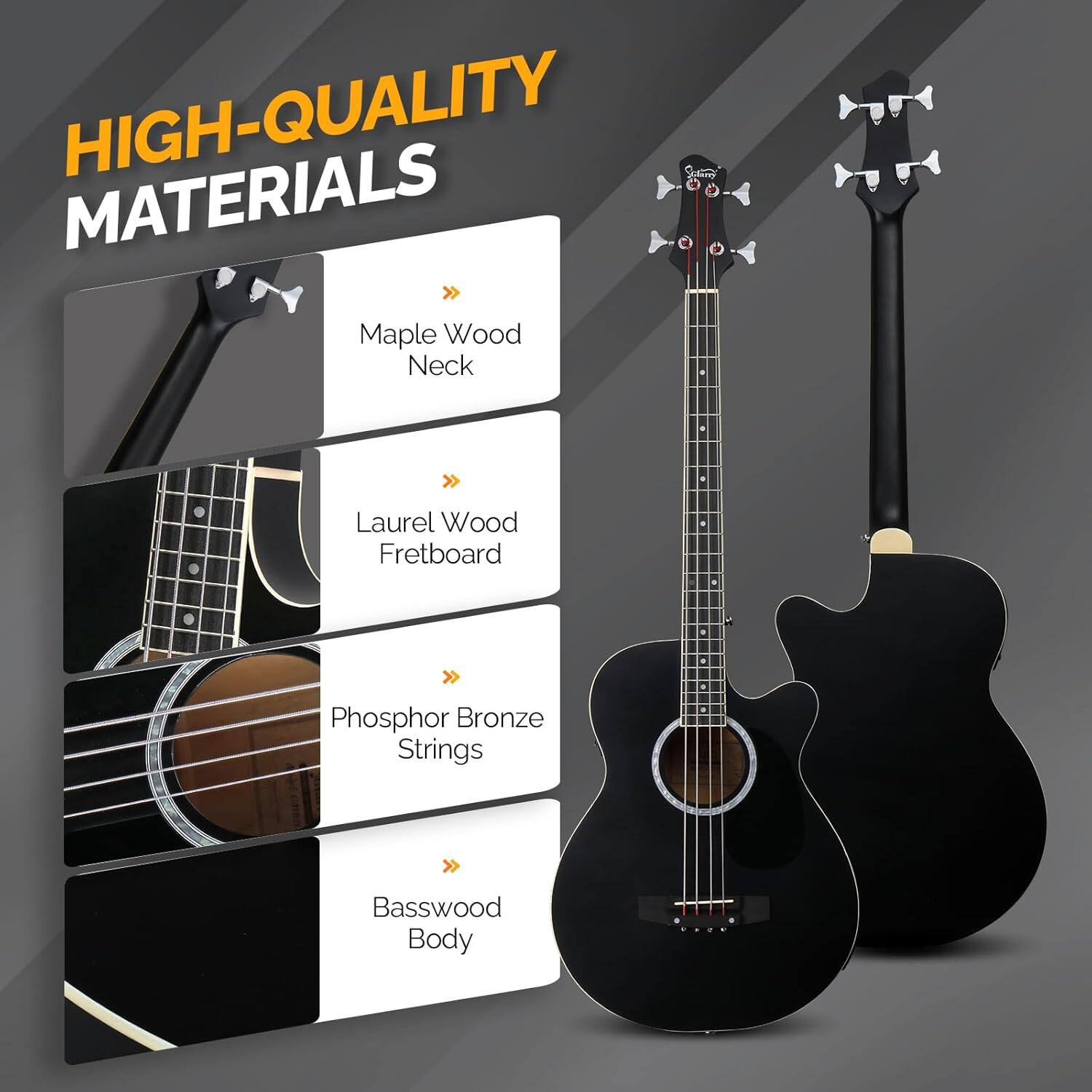 HIGH-QUALITY MATERIALS

- Maple Wood Neck
- Laurel Wood Fretboard
- Phosphor Bronze Strings
- Basswood Body