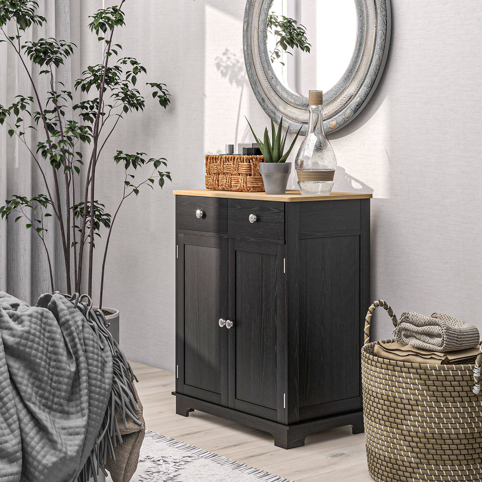 Alt View 8. Homcom - Sideboard with Solid Wood Countertop, Modern Kitchen Storage Cabinet, Coffee Bar Cabinet with 2 Drawers, Doors - Distressed Black.