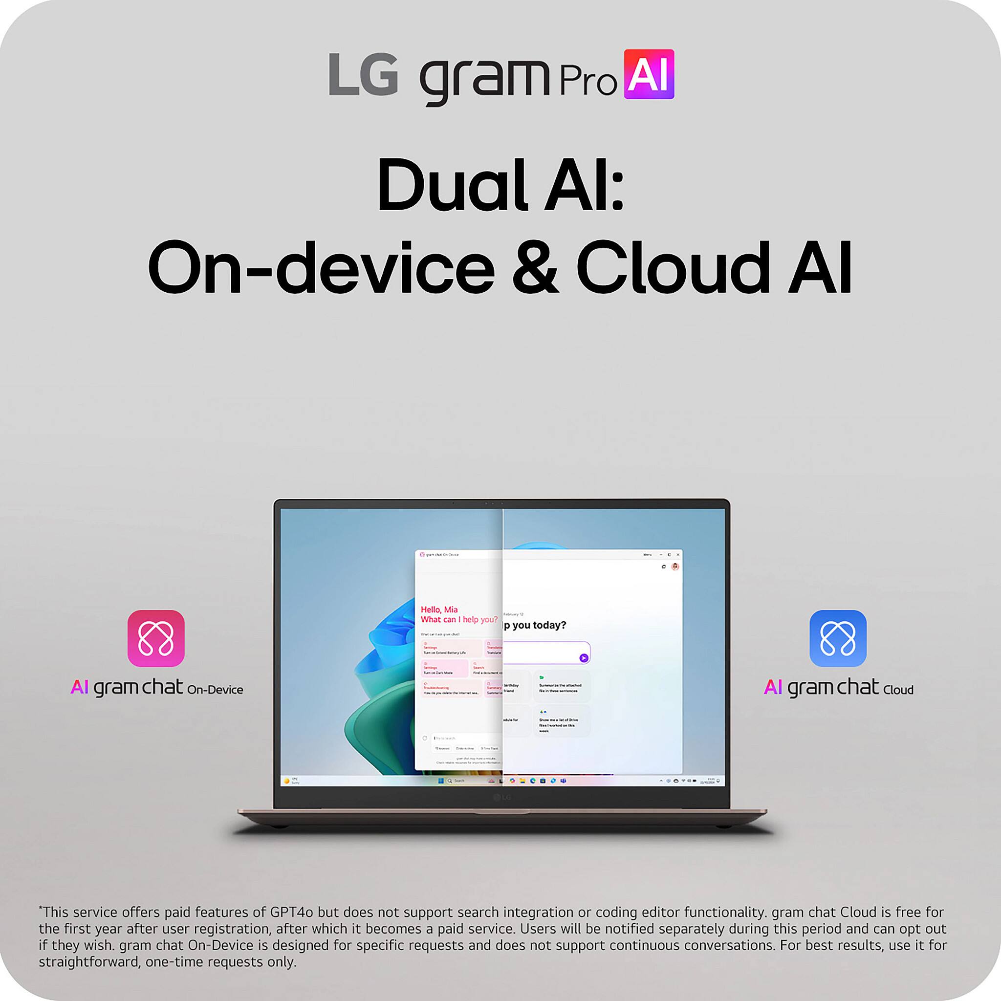 LG gram Pro AI  
Dual AI: On-device & Cloud AI  

AI gram chat On-Device  
AI gram chat Cloud  

This service offers paid features of GPT4o but does not support search integration or coding editor functionality. gram chat Cloud is free for the first year after user registration, after which it becomes a paid service. Users will be notified separately during this period and can opt out if they wish. gram chat On-Device is designed for specific requests and does not support continuous conversations. For best results, use it for straightforward, one-time requests only.