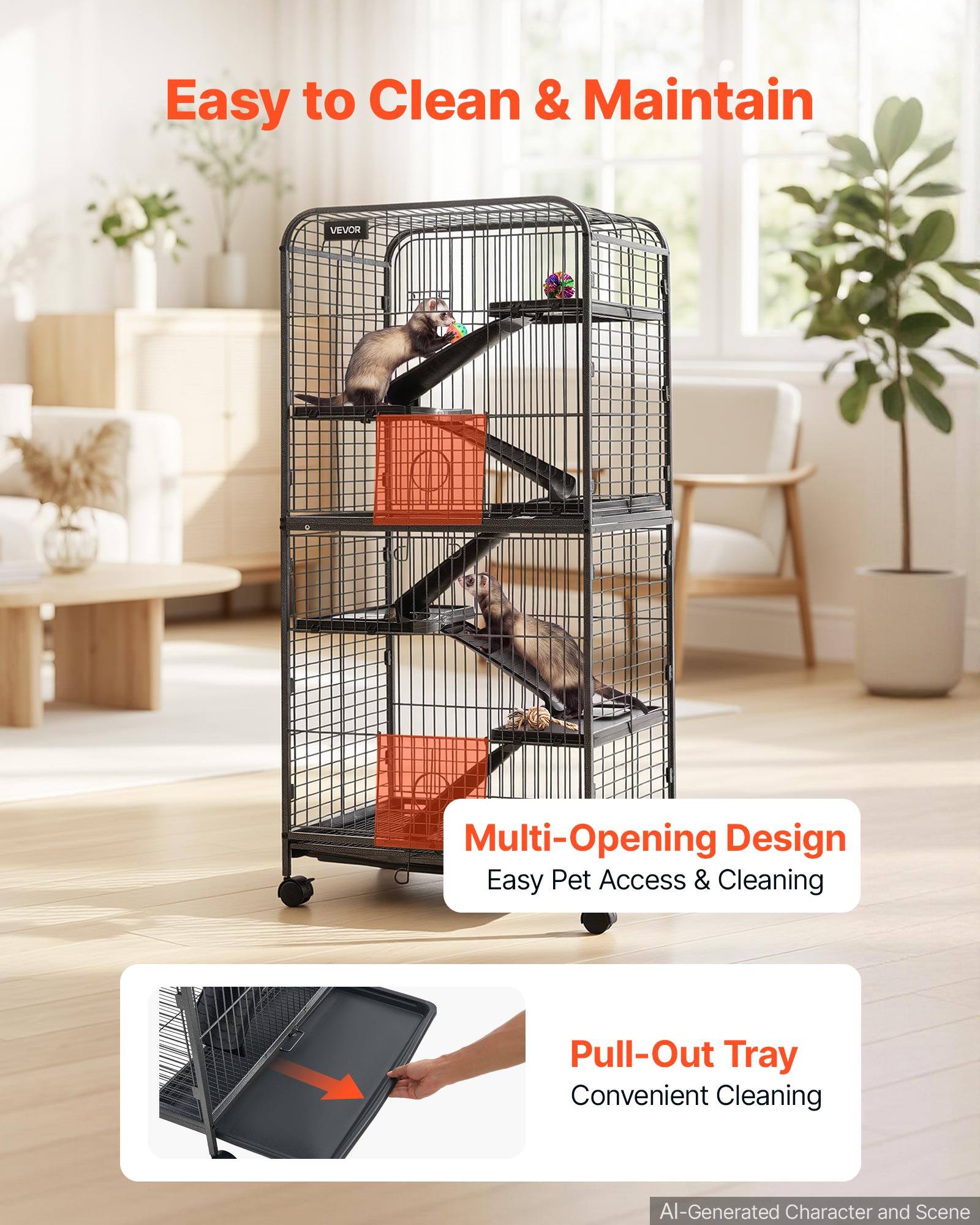 Easy to Clean & Maintain

VEVOR

Multi-Opening Design
Easy Pet Access & Cleaning

Pull-Out Tray
Convenient Cleaning

AI-Generated Character and Scene