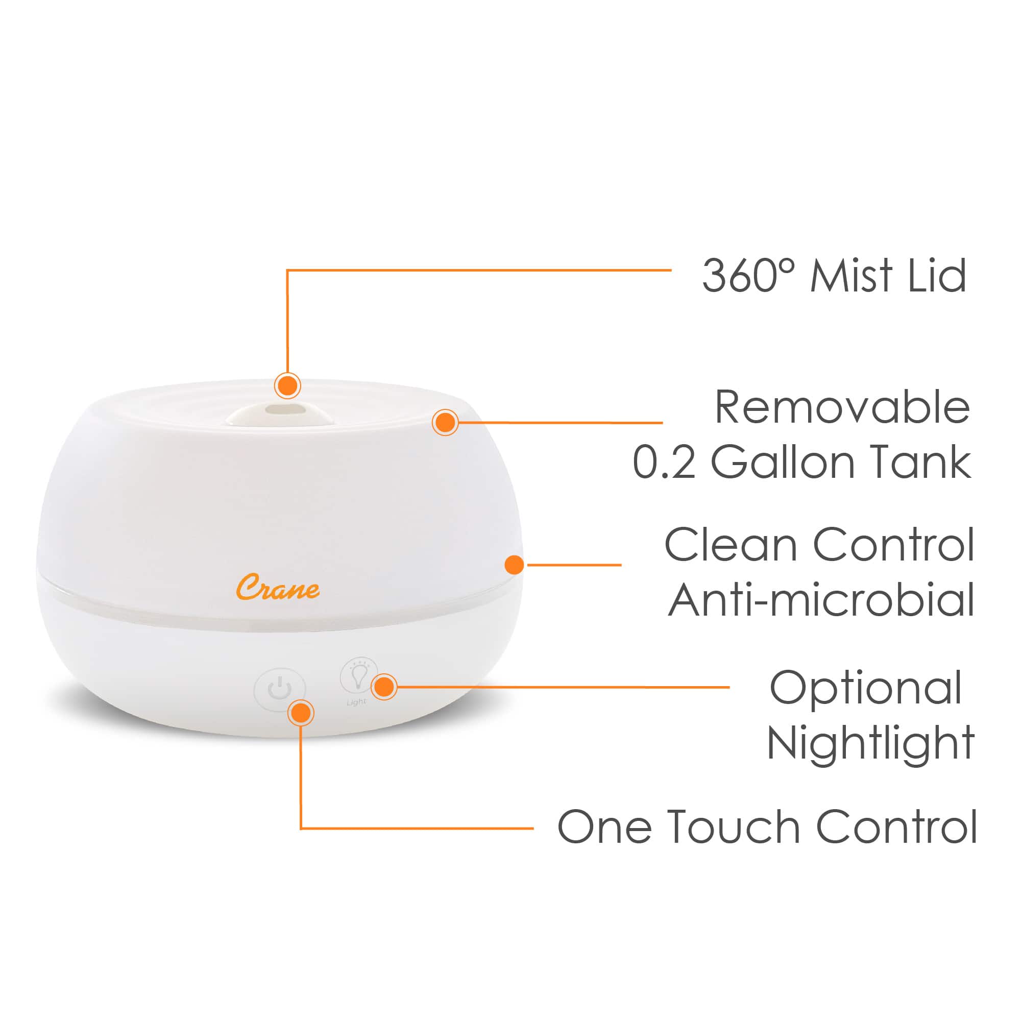 Back. CRANE - 0.2 Gal. 2-in-1 Ultrasonic Cool Mist Humidifer & Aroma Diffuser - White.