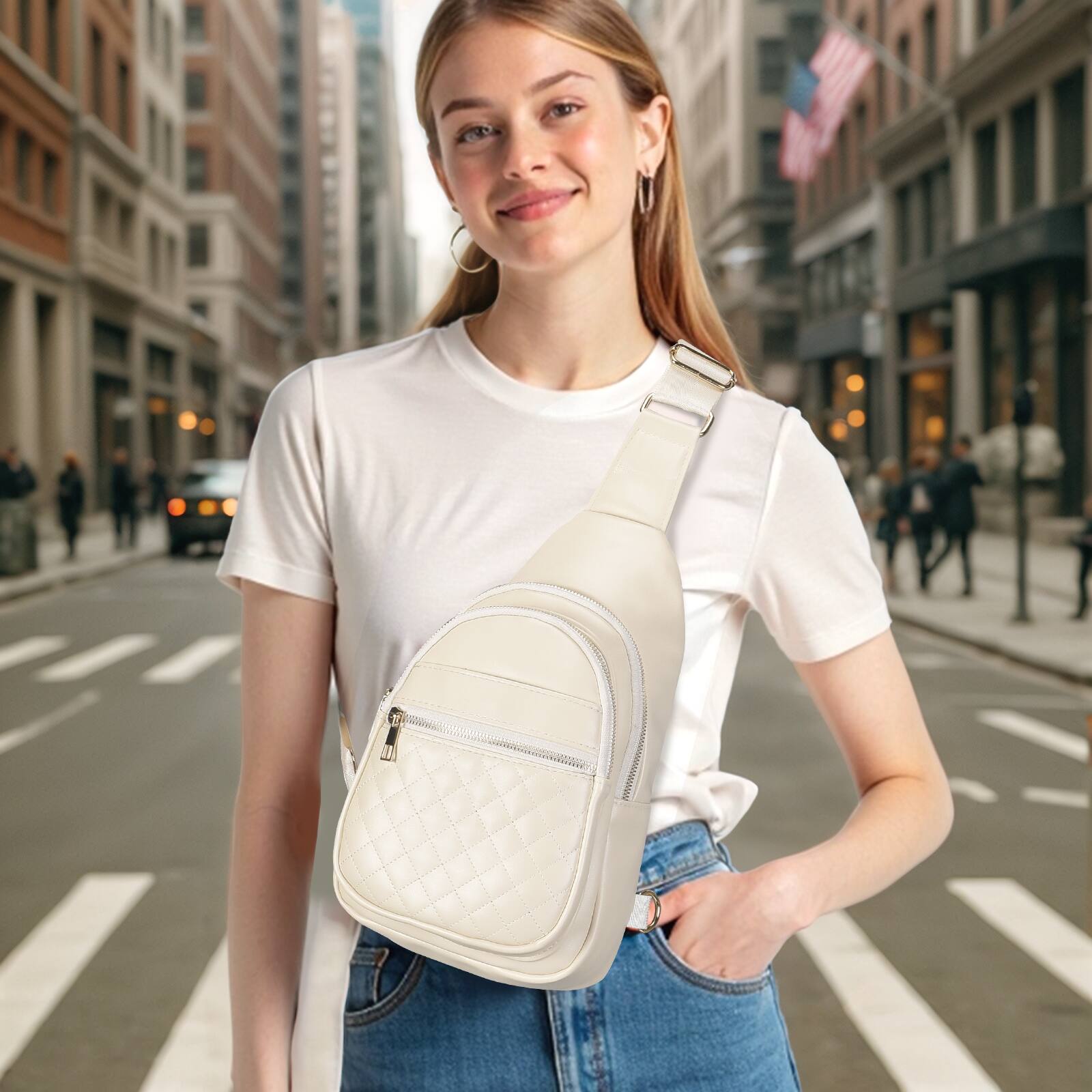 Alt View 1. Unique Bargains - Crossbody Bags for Women Men Leather Sling Bag Cross Body Backpack for Women Casual Chest Bag Daypack for Travel Hiking - White.