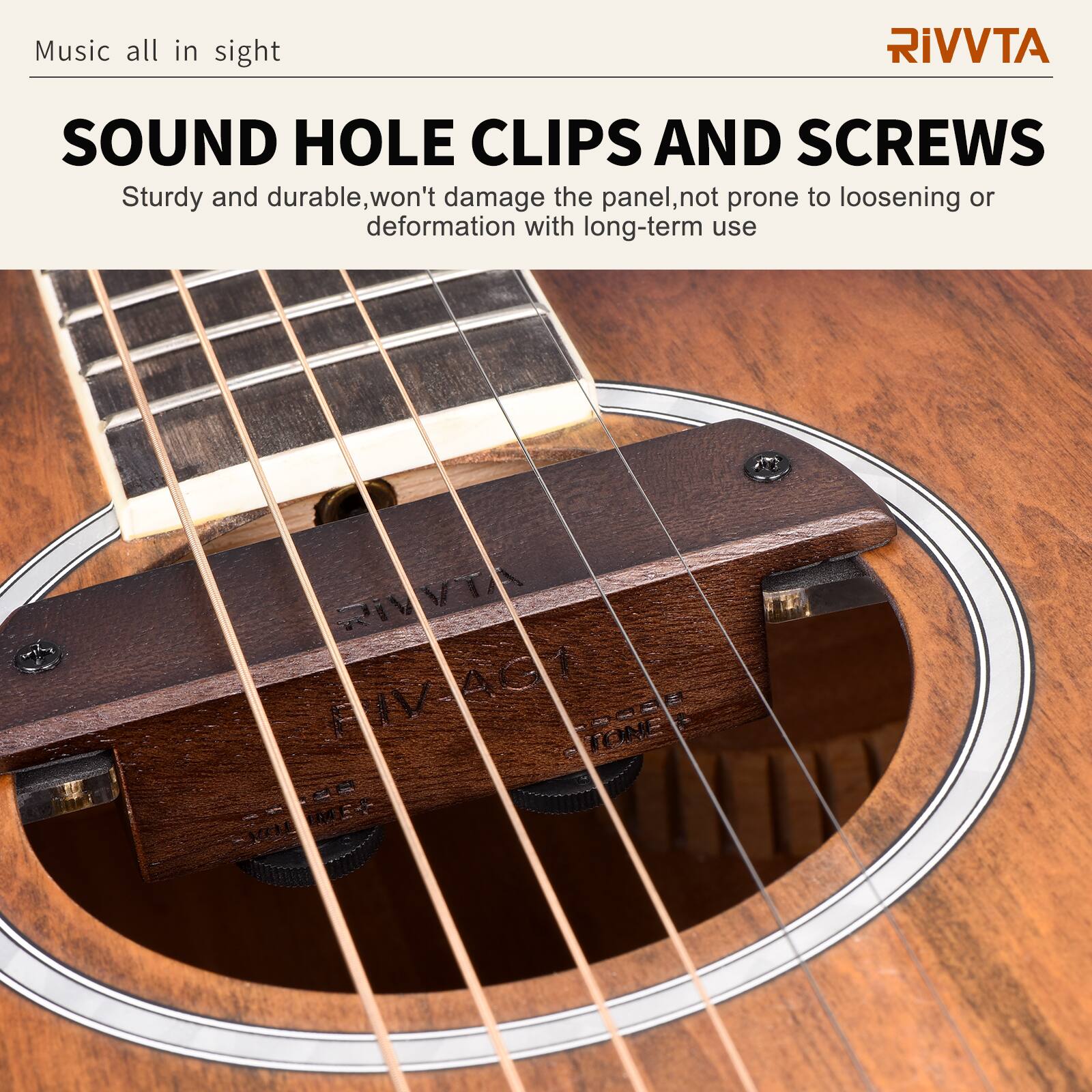 Music all in sight

RIVVTA

SOUND HOLE CLIPS AND SCREWS

Sturdy and durable, won't damage the panel, not prone to loosening or deformation with long-term use