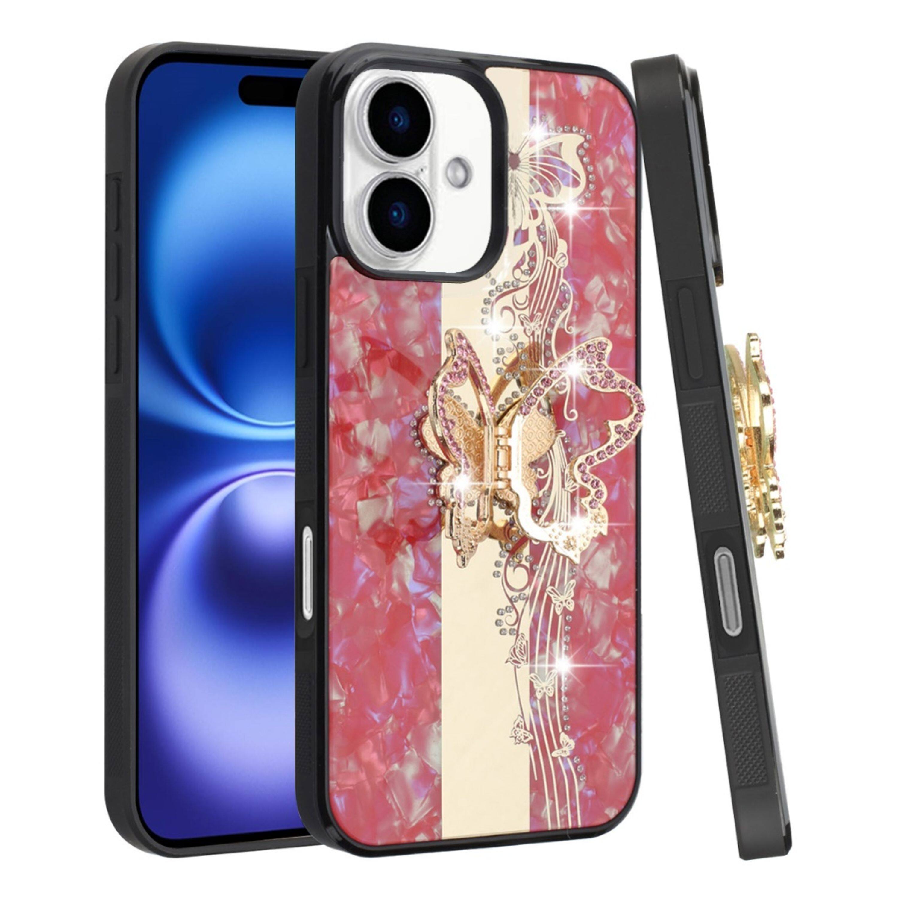 Angle. Kitcheniva - Rhinestone Glitter Butterfly Design Phone Case With Tempered Glass For iPhone 17 Red - Red.