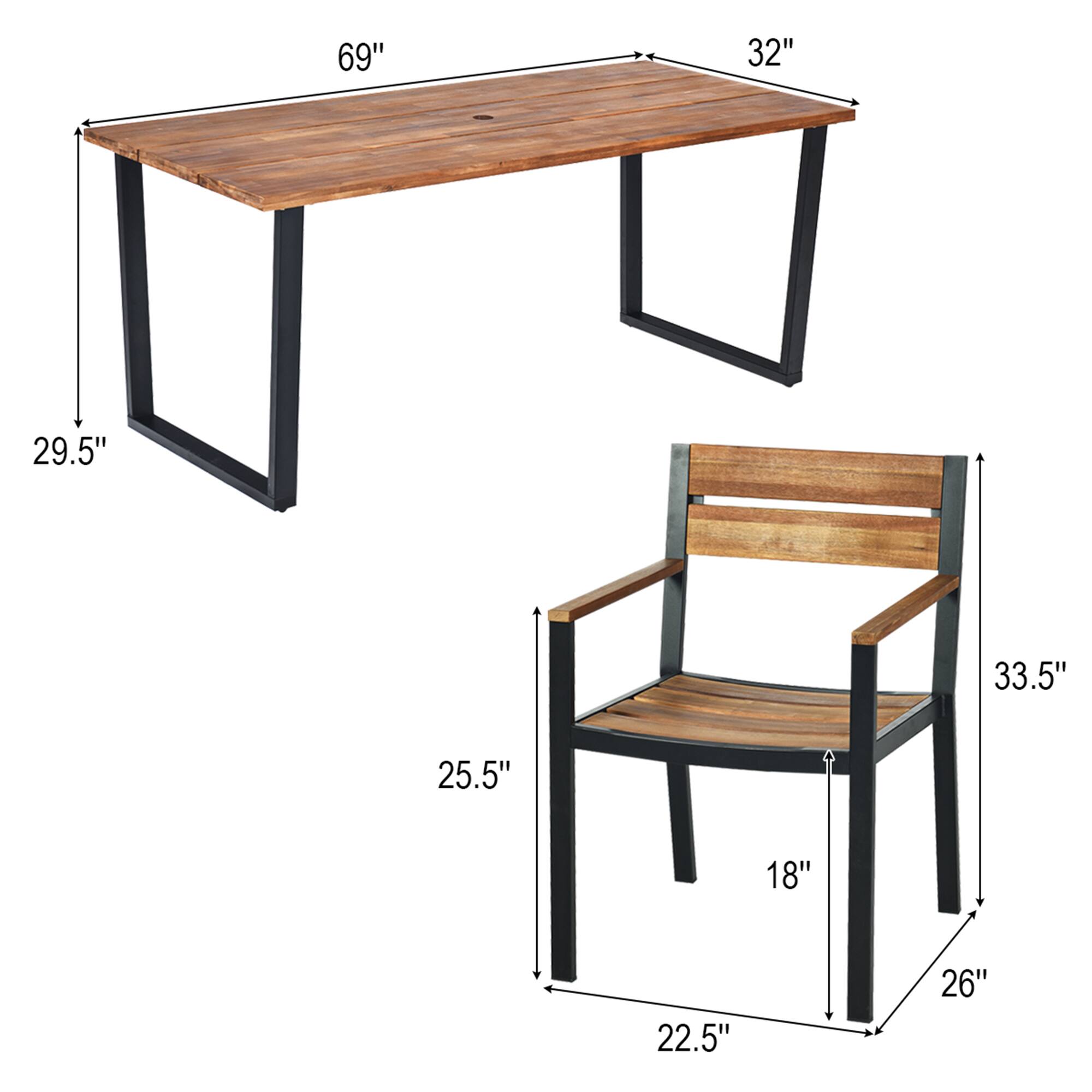 Table: 69", 32", 29.5"

Chair: 33.5", 25.5", 18", 22.5", 26"