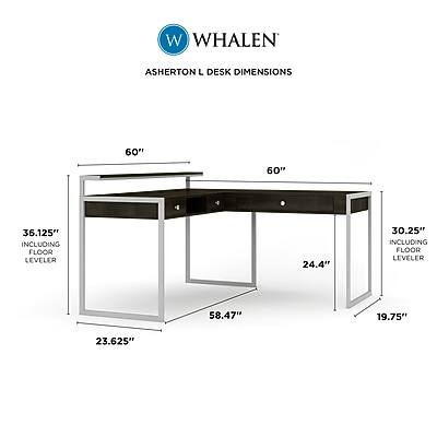 WHALEN  
ASHERTON L DESK DIMENSIONS  

60"  
60"  
36.125" INCLUDING FLOOR LEVELER  
24.4"  
30.25" INCLUDING FLOOR LEVELER  
58.47"  
19.75"  
23.625"