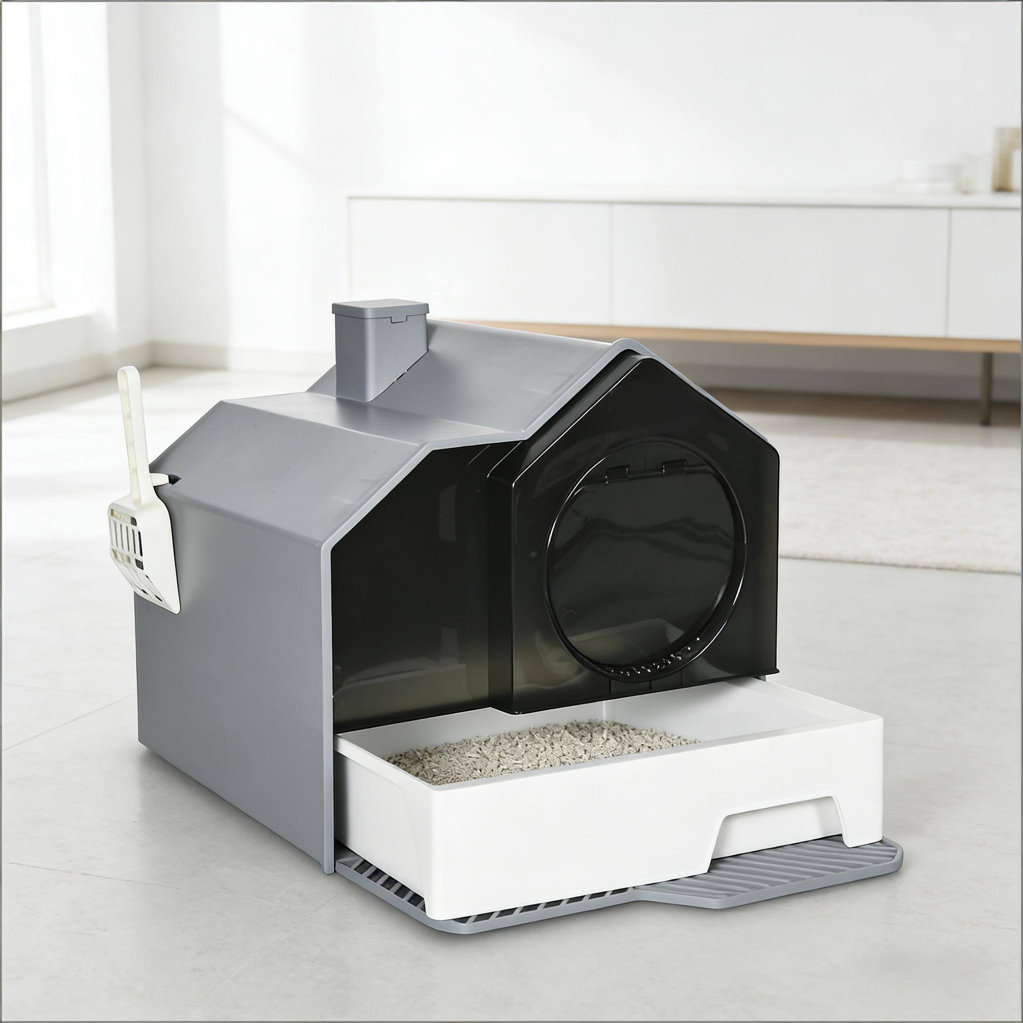 Angle. Dexmalle - Dexmalle-Enclosed Cat Litter Box with Open Door,Pad and Scoop-Gray&White - Black+ Gray,White.