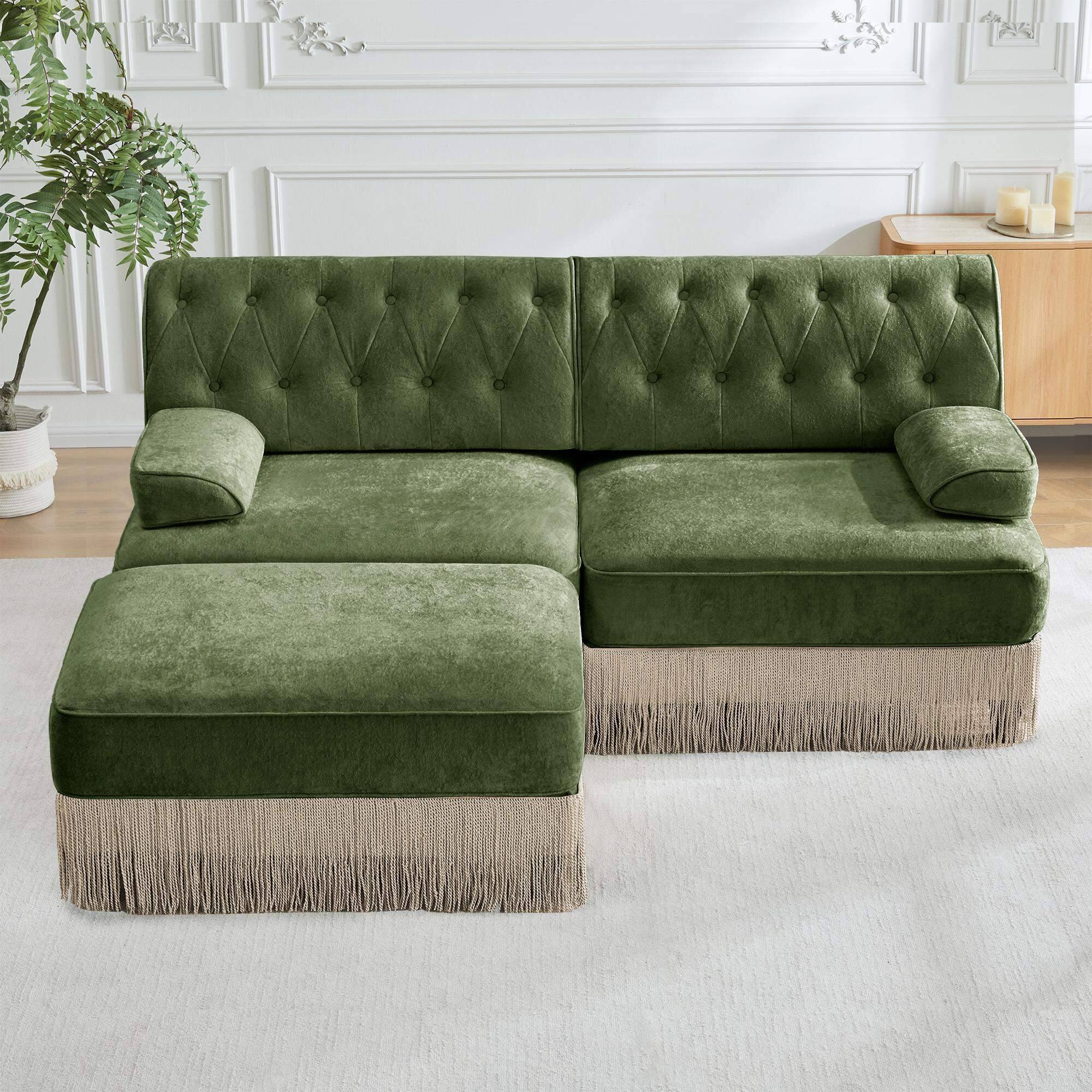 Left. Roomtec - LShaped Breathable Comfort Velvet FabricTassel Skirt Chesterfield Sofa Free CombinationSlightly Curved Square - Green.