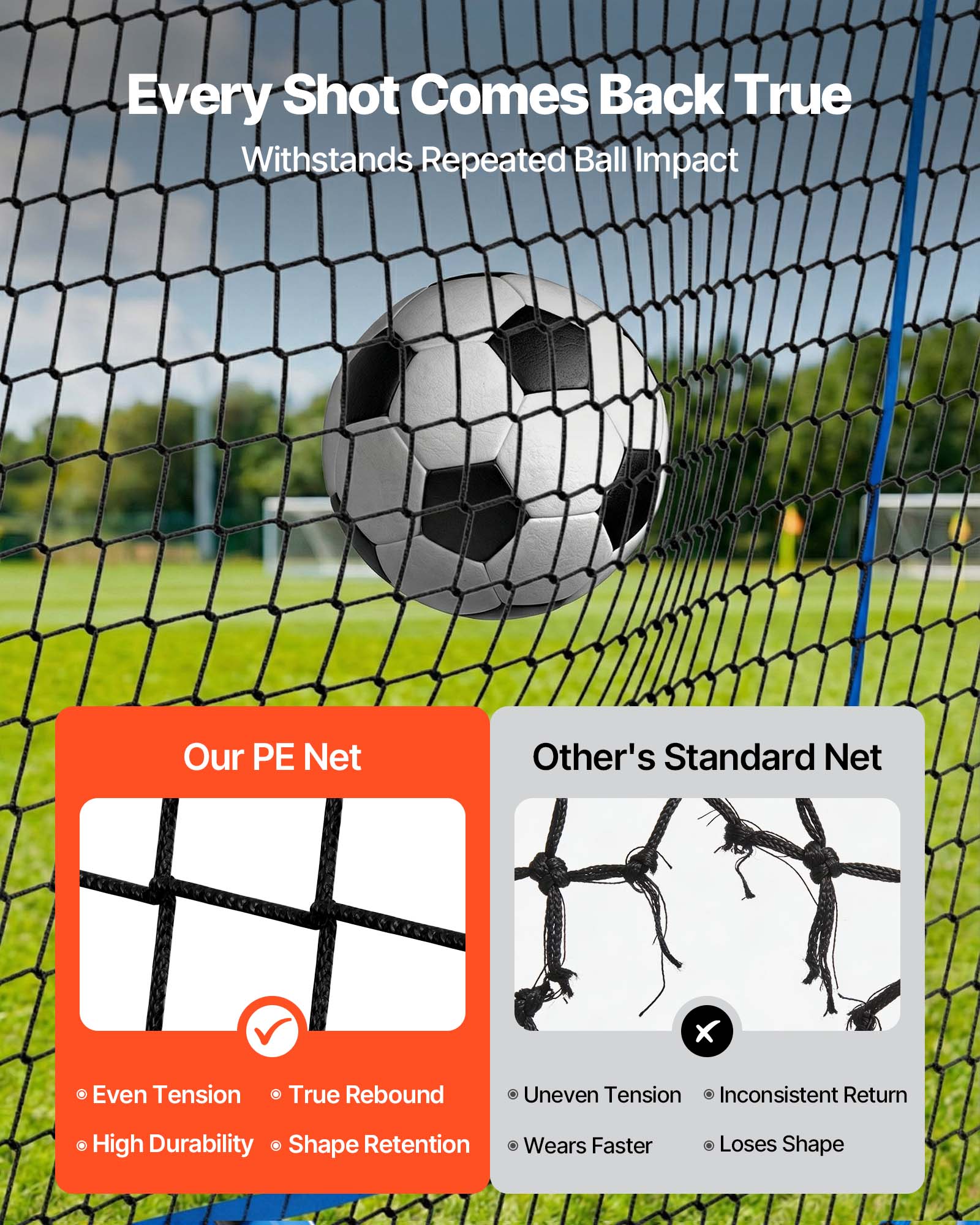 Every Shot Comes Back True  
Withstands Repeated Ball Impact  

Our PE Net  
- Even Tension  
- True Rebound  
- High Durability  
- Shape Retention  

Other's Standard Net  
- Uneven Tension  
- Inconsistent Return  
- Wears Faster  
- Loses Shape