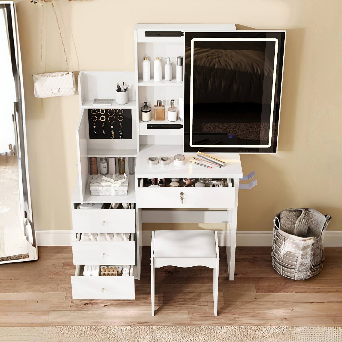 Alt View 4. Loheer - Loheer White Makeup Vanity with Sliding Lighted Mirror and Cushioned Stool - White.