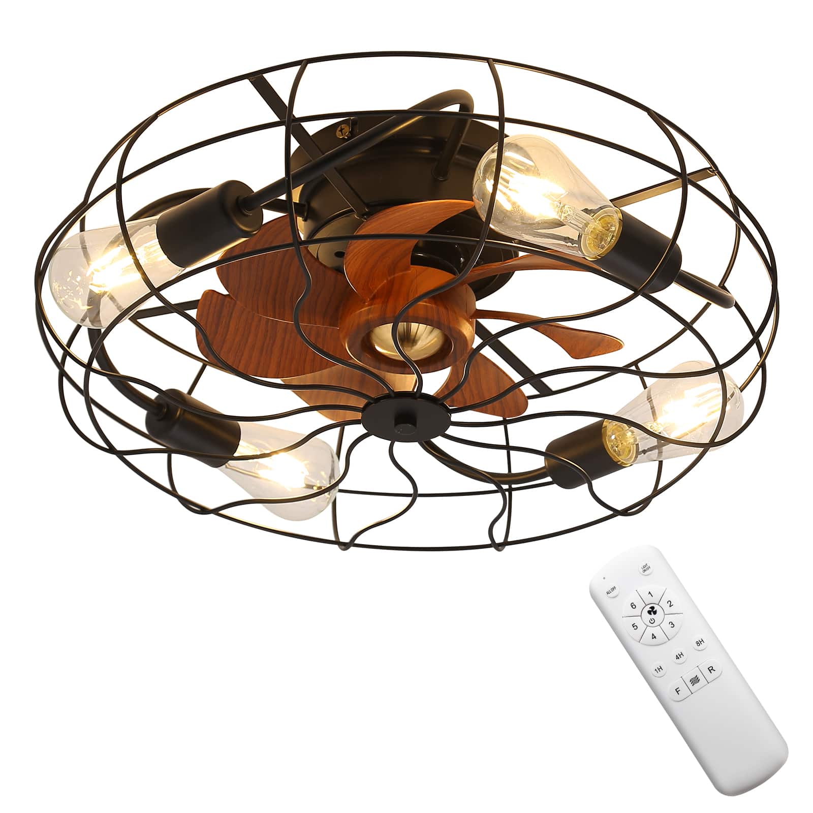 Sofucor - Caged Ceiling Fan Light with Remote 20" Small Flush Ceiling Fan 7 Enclosed Blades & 6 Wind Speeds for Bedroom Kitchen - Black