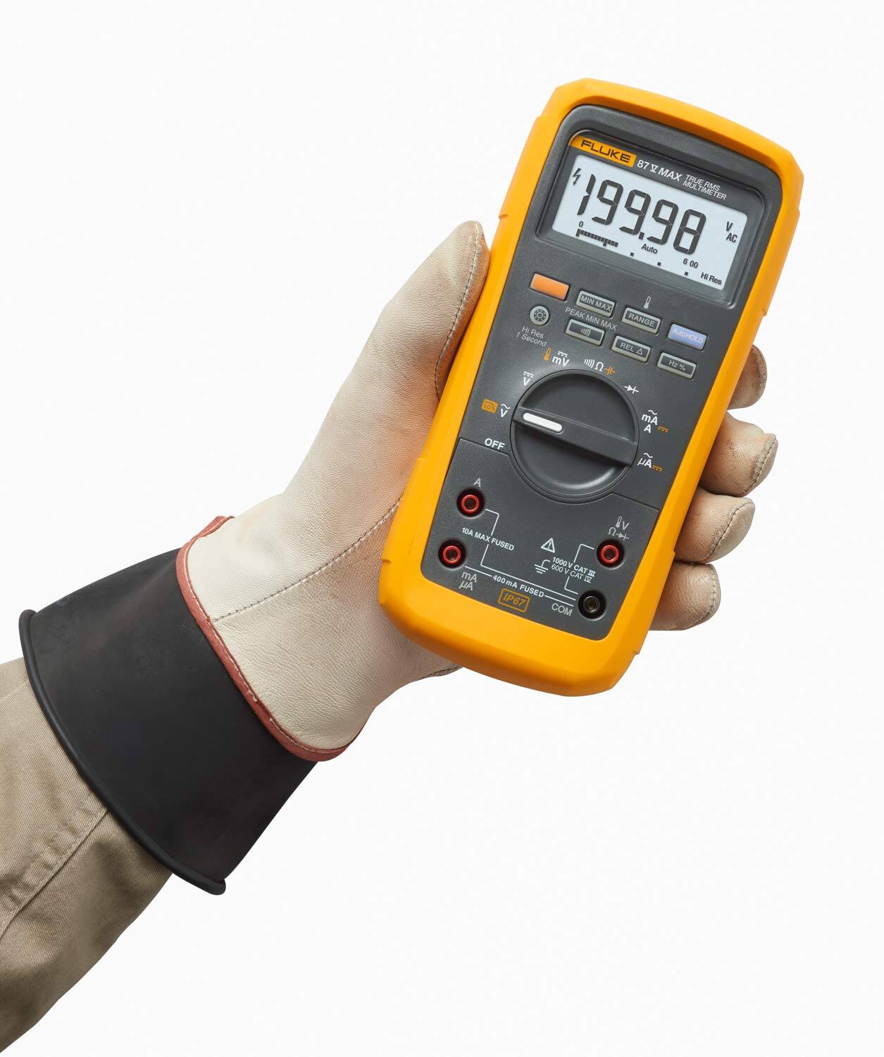 FLUKE 71 MAX TRUE RMS MULTIMETER  
FAES 199.98  
Auto V AC  
90 1 Mes MIN MAX  
MIN PEAK MIN MANGE A MAX  
Res - ASHOLD Second PEL E A Vm  
+ V OFF A Aen A LA TOA  
iv MAX + FUSEID 800 1000V CAT mA CAT = 400 Am  
AA FUSED IP67 COM