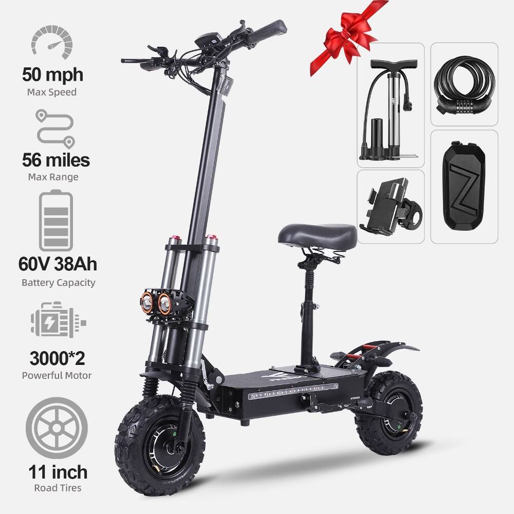 50 mph Max Speed  
56 miles Max Range  
60V 38Ah Battery Capacity  
3000*2 Powerful Motor  
11 inch Road Tires