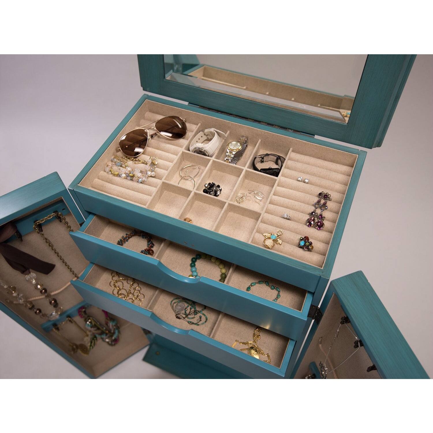 Back. Hivvago - Vintage Turquoise Hand Painted Jewelry Armoire with Antique Drawer Pulls - Turquoise.