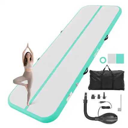 Front. VEVOR - Inflatable Gymnastics Air Mat 10 ft Training Mats w/ Electric Pump, 4 inches Thick Sturdy Tumble Track, Tumbling Mat - Mint Green.
