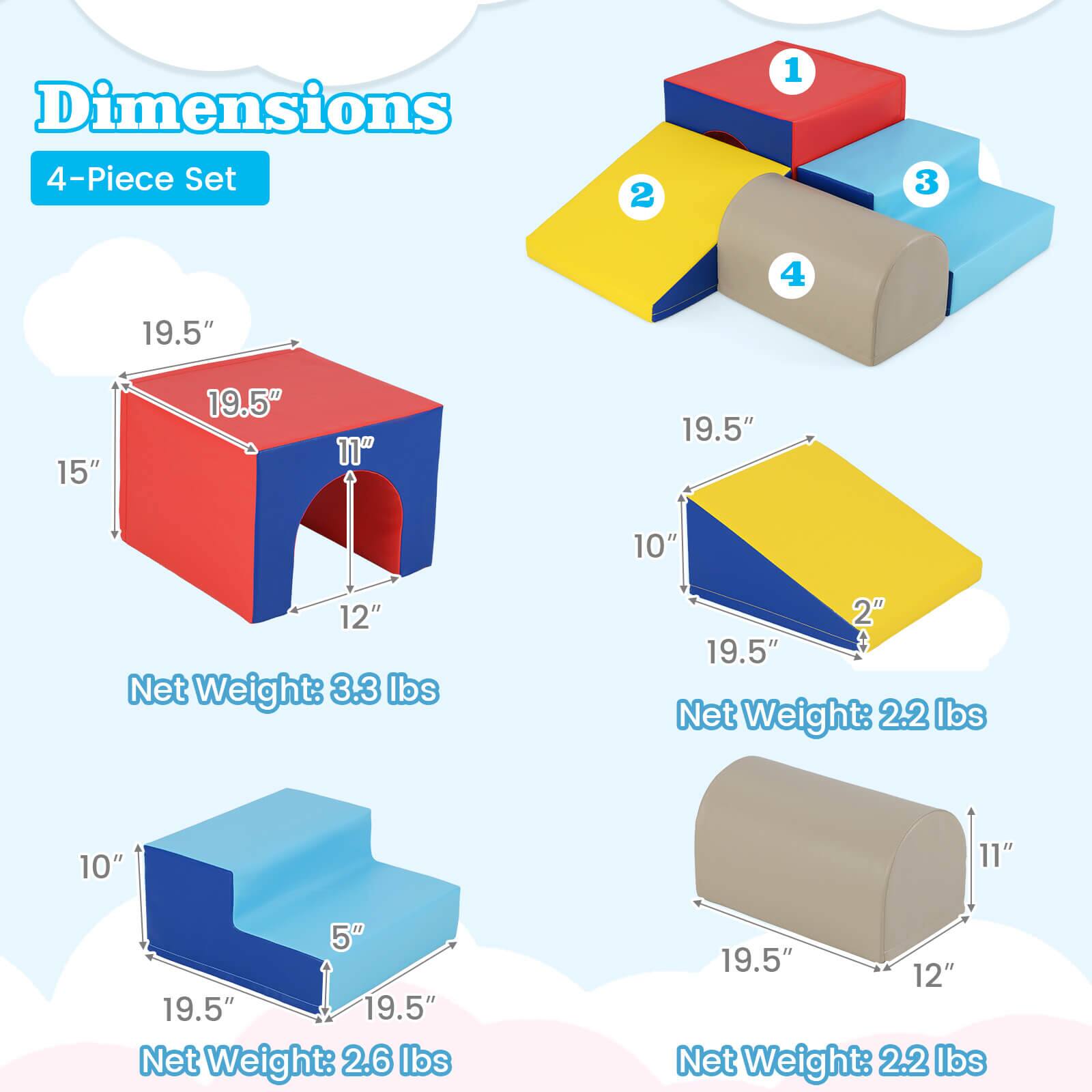 Dimensions  
4-Piece Set  

1. 19.5" x 15" x 12"  
   Net Weight: 3.3 lbs  

2. 19.5" x 10" x 2"  
   Net Weight: 2.2 lbs  

3. 19.5" x 19.5" x 5"  
   Net Weight: 2.6 lbs  

4. 19.5" x 12" x 11"  
   Net Weight: 2.2 lbs