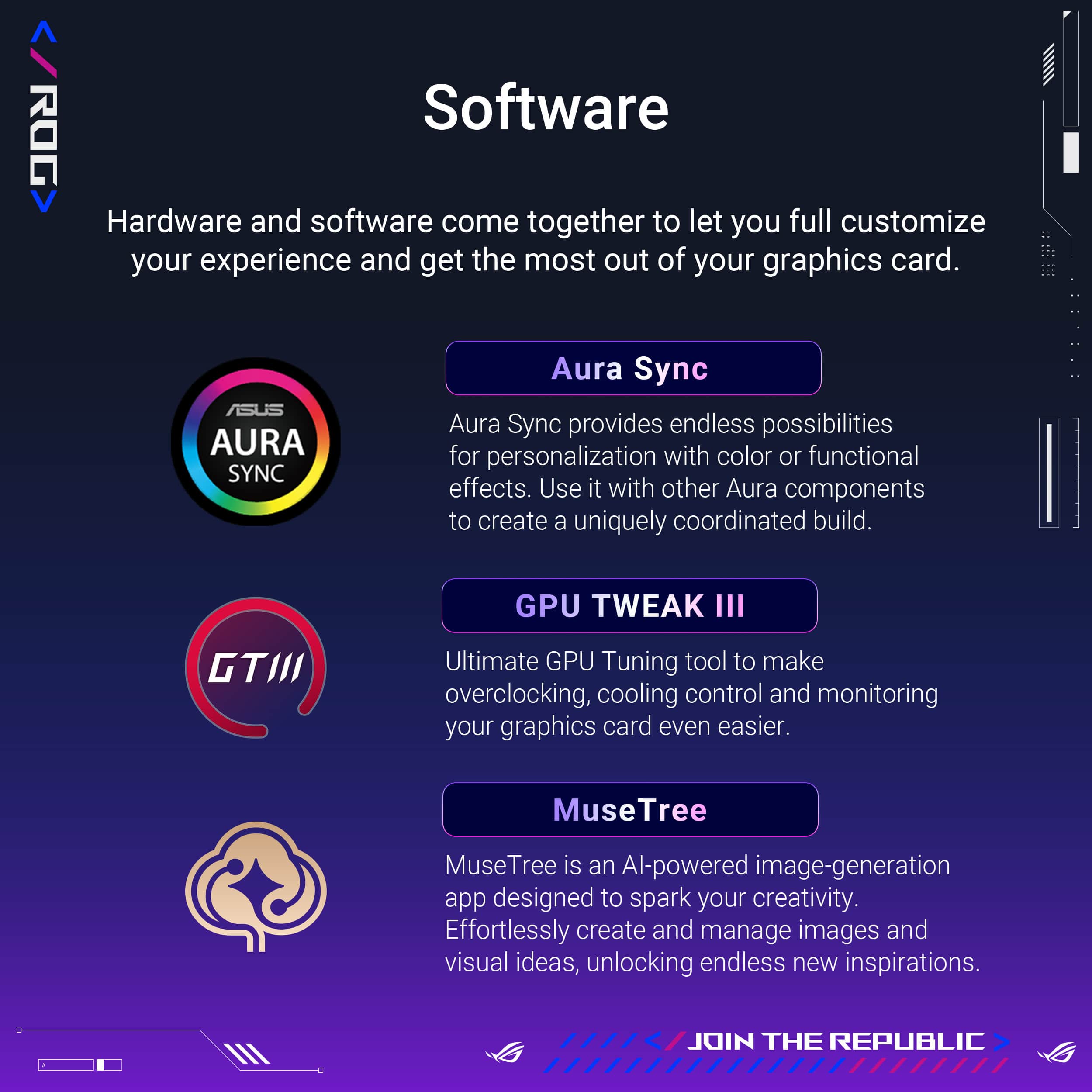 The text on the image is grouped and corrected as follows:
Software Hardware and software come together to let you full customize your experience and get the most out of your graphics card.
ASUS AURA SYNC Aura Sync provides endless possibilities for personalization with color or functional effects. Use it with other Aura components to create a uniquely coordinated build.
GPU TWEAK III GTII Ultimate GPU Tuning tool to make overclocking, cooling control and monitoring your graphics card even easier.
MuseTree MuseTree is an AI-powered image-generation app designed to spark your creativity. Effortlessly create and manage images and visual ideas, unlocking endless new inspirations.
Join The Republic