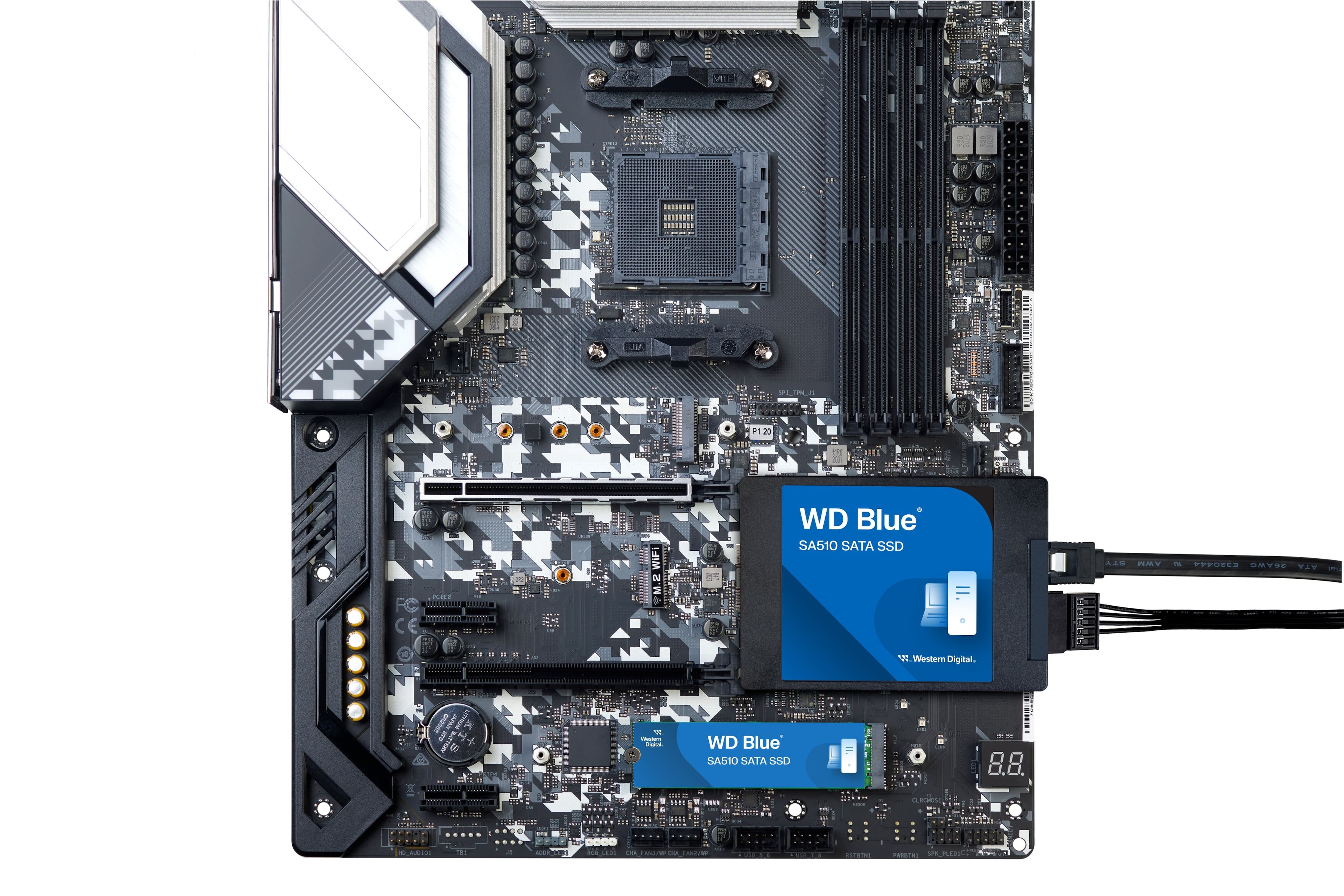 The text on the image reads: "5 1 DREA ...**** 11.80081 P1.20 FC CE IZ RNI ... 1BM i WIF S.M WD Blue SA510 SATA SSD STV Y -e PPPURS SYM YV 1 Western Digital."