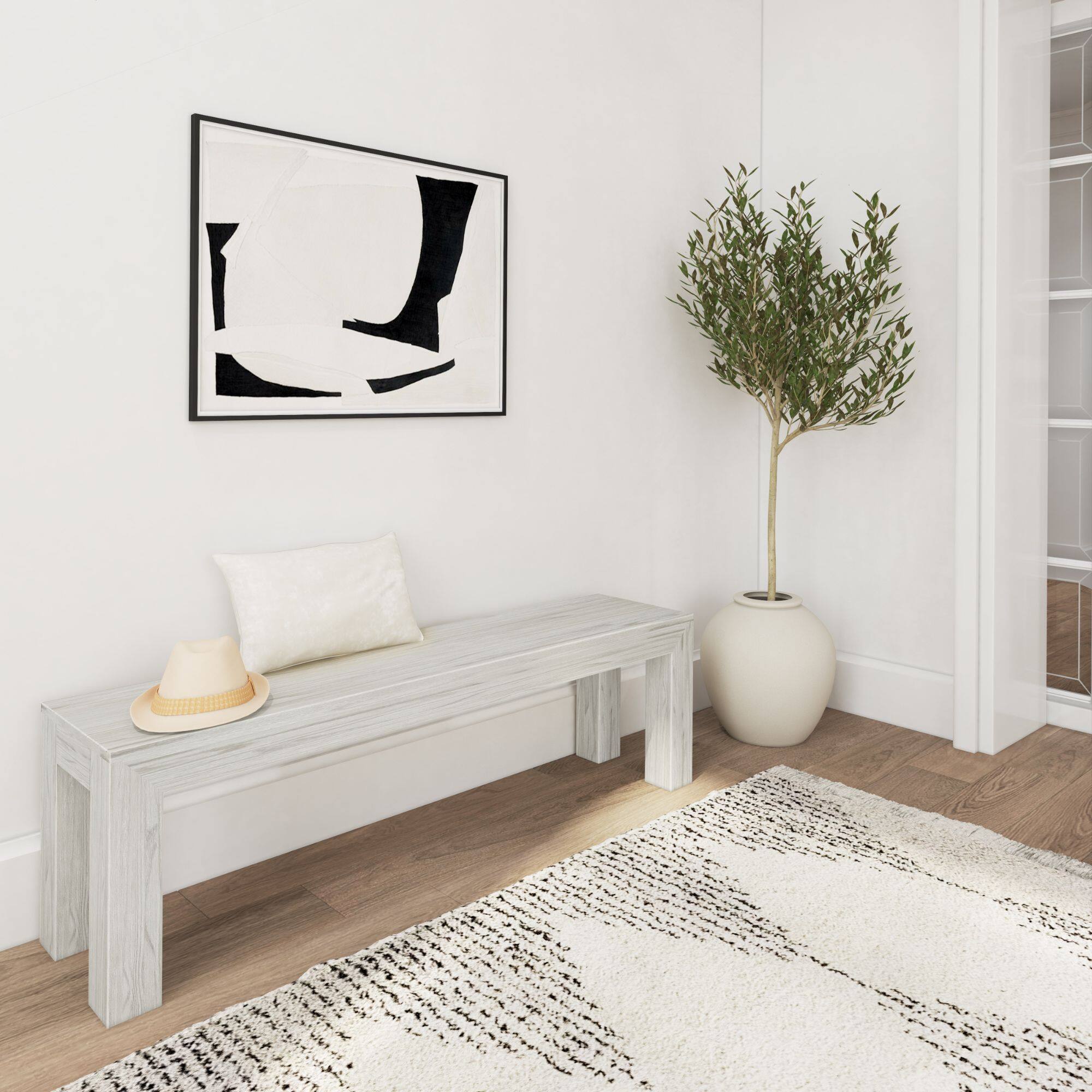 Alt View 3. Plank+Beam - Modern Dining Room Bench (61in / 1550mm), White Sand Wirebrush - White Sand Wirebrush.