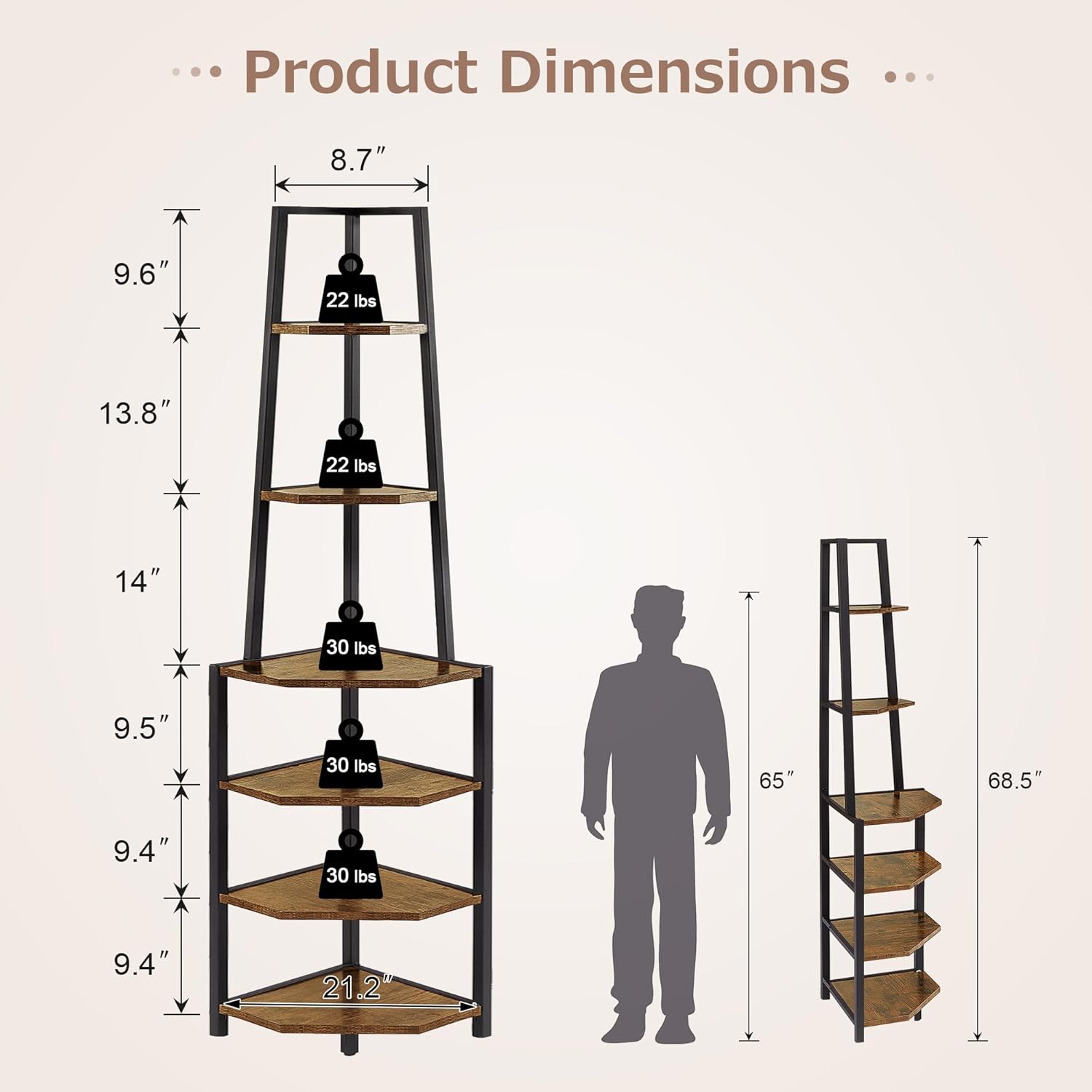 Product Dimensions

- 8.7" (width)
- 9.6" (height of top shelf)
- 13.8" (height of second shelf)
- 14" (height of third shelf)
- 9.5" (height of fourth shelf)
- 9.4" (height of fifth shelf)
- 9.4" (height of bottom shelf)
- 21.2" (depth of bottom shelf)
- 65" (height of the person for scale)
- 68.5" (total height of the ladder)

Weight Capacity:
- Top two shelves: 22 lbs
- Bottom three shelves: 30 lbs