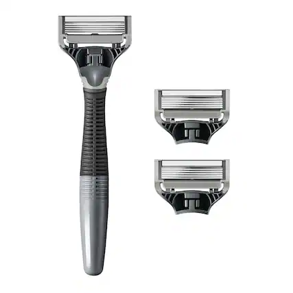 Front. Dazzed Corner - Original Shaving Kit for Men, Razor Handle + 3 Blade Refills - Gray.