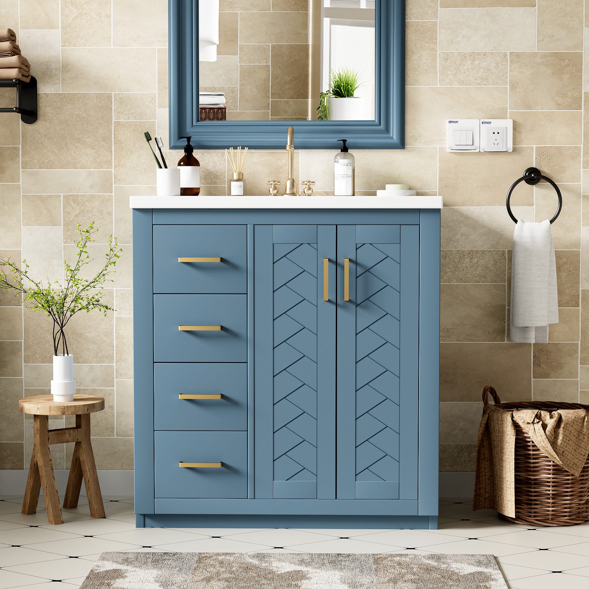 Tiramisubest - 30" Bathroom Vanity with Ceramic Sink Combo,Bathroom Storage Cabinet, Freestanding Vanity Set with 3 Drawers - Indigo