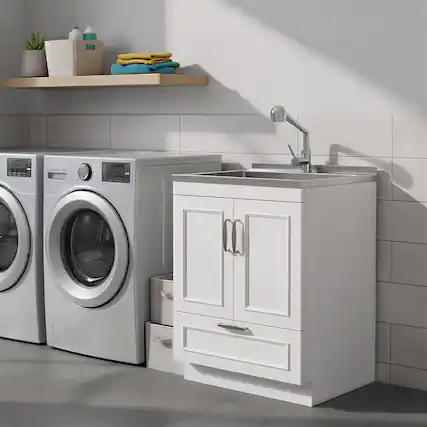 Front. Simpli Home - Cardinal 28 inch Wide Utility Sink and Laundry Cabinet, Glacier White Finish - Glacier White.