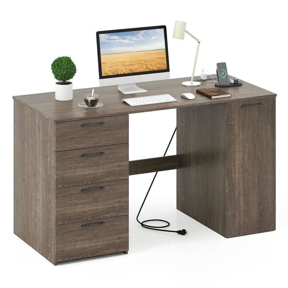 Alt View 4. Kadyn - 53-Inch Computer Desk - Power Outlets + 4 Storage Drawers, Gray + Black - Gray.