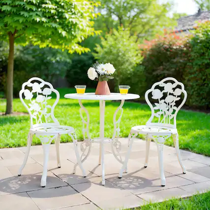 Front. Kadyn - Outdoor Cast Aluminum Patio Furniture Set, Small Patio Conversation Furniture Set with Rose Design-White - White.