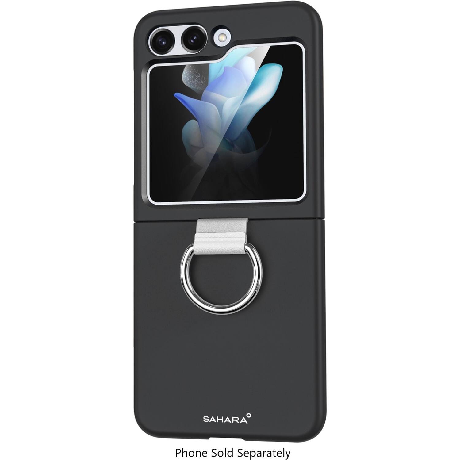 The image shows a black cell phone case with a silver ring on the side. The case is designed to hold a smartphone securely and protect it from damage. The phone is not included with the case and must be purchased separately.