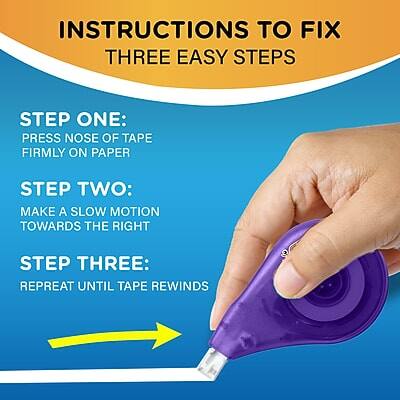 INSTRUCTIONS TO FIX  
THREE EASY STEPS

STEP ONE:  
PRESS NOSE OF TAPE FIRMLY ON PAPER

STEP TWO:  
MAKE A SLOW MOTION TOWARDS THE RIGHT

STEP THREE:  
REPEAT UNTIL TAPE REWINDS