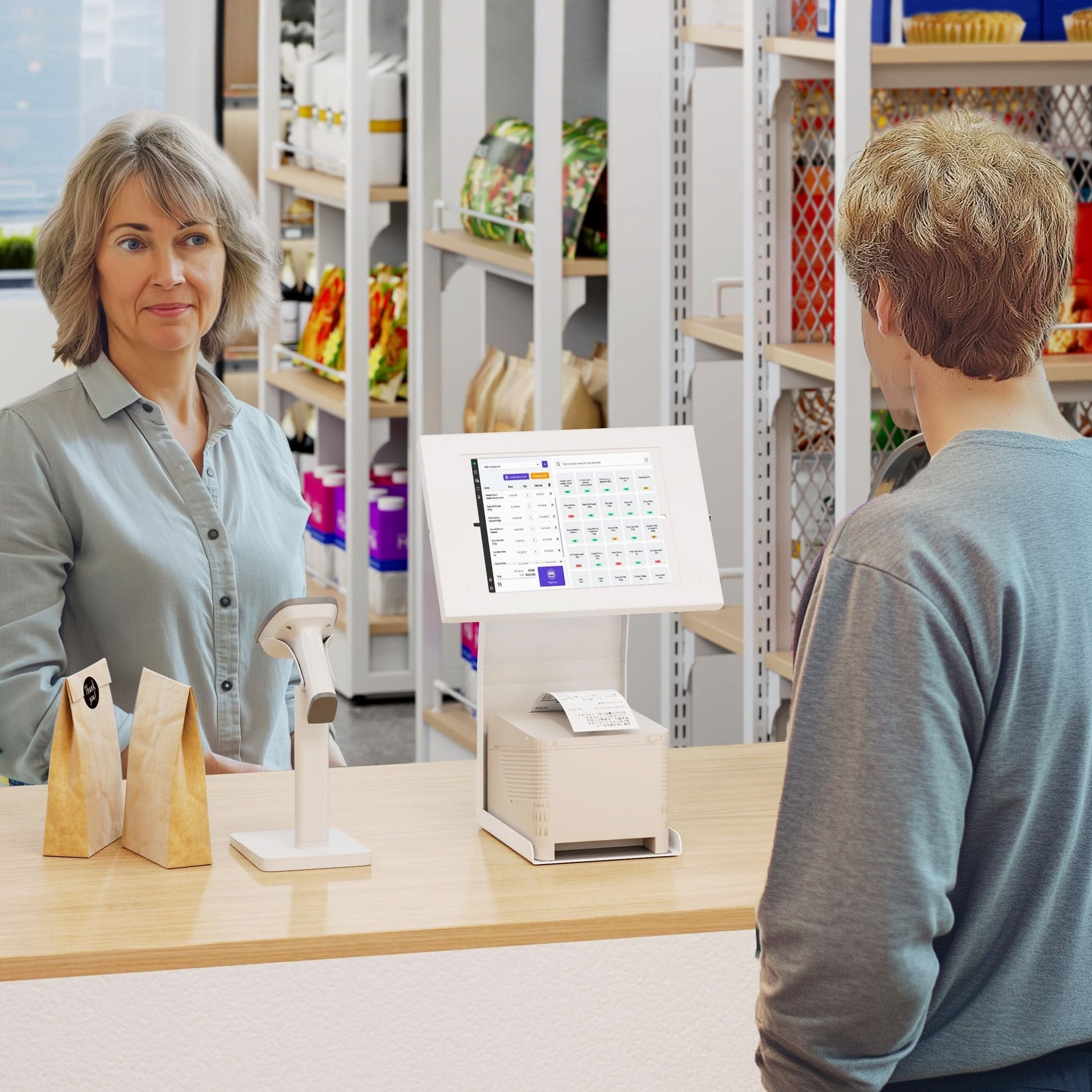 Angle. Mount-It! - Anti‑Theft Tablet Kiosk with Printer Shelf, Universal Tablet Holder with Tilt & Rotation for POS, White - White.