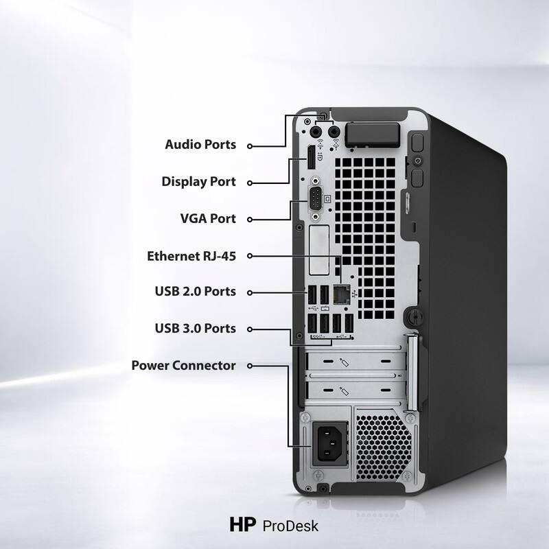 Audio Ports  
Display Port  
VGA Port  
Ethernet RJ-45  
USB 2.0 Ports  
USB 3.0 Ports  
Power Connector  

HP ProDesk