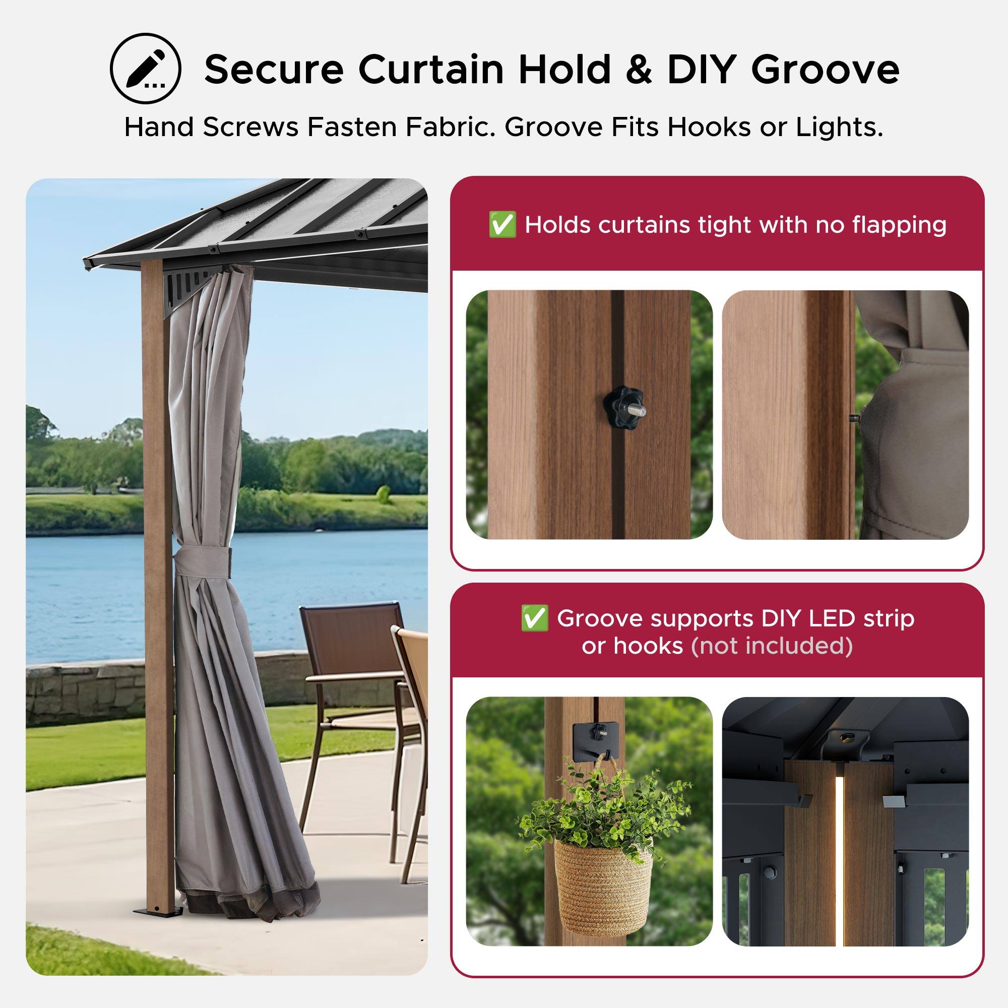 Secure Curtain Hold & DIY Groove  
Hand Screws Fasten Fabric. Groove Fits Hooks or Lights.  

- Holds curtains tight with no flapping  
- Groove supports DIY LED strip or hooks (not included)