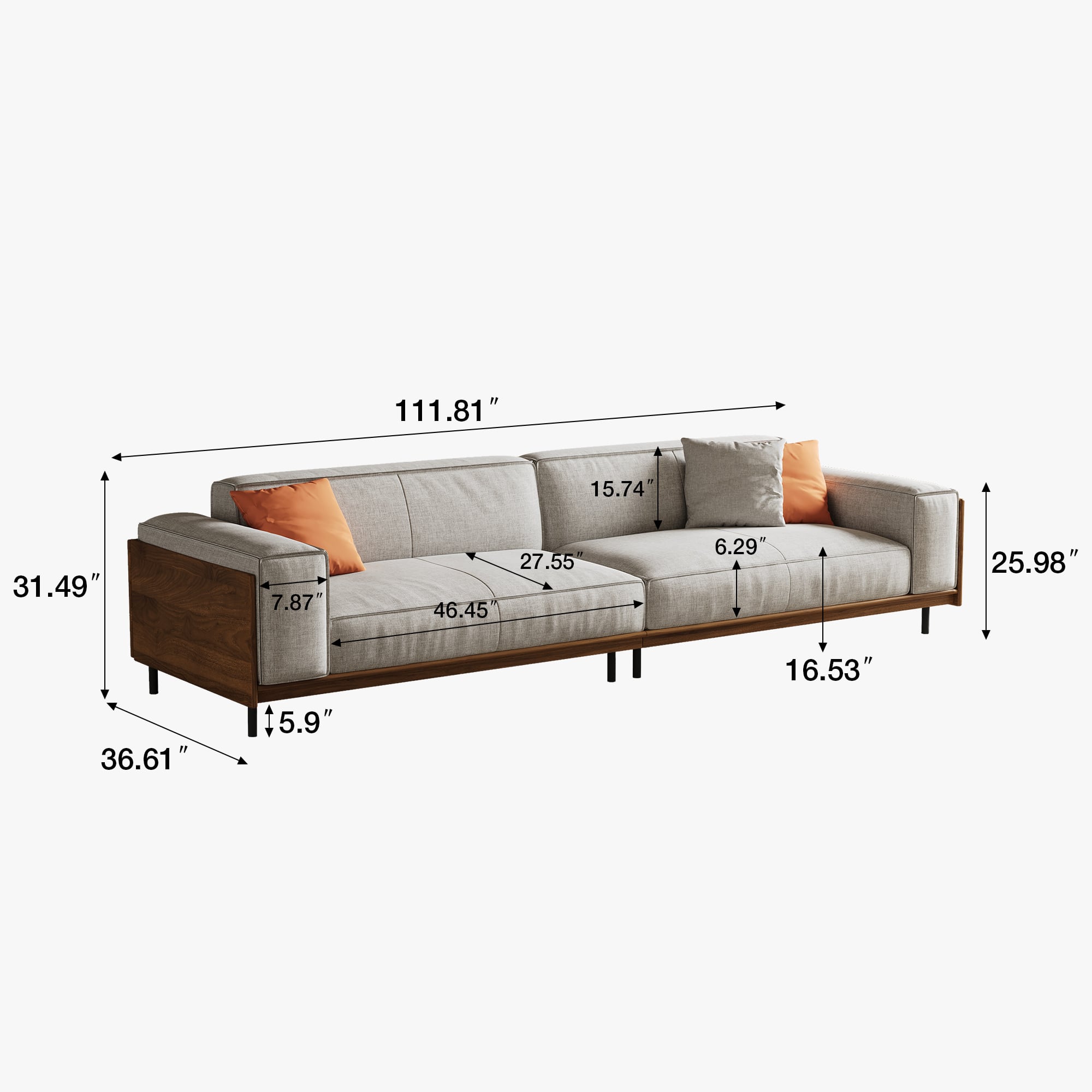 Width: 111.81"
Depth: 31.49"
Height: 36.61"
Arm Height: 7.87"
Seat Depth: 27.55"
Seat Width: 46.45"
Back Height: 15.74"
Pillow Height: 6.29"
Leg Height: 5.9"
Arm Width: 16.53"
Overall Width: 25.98"