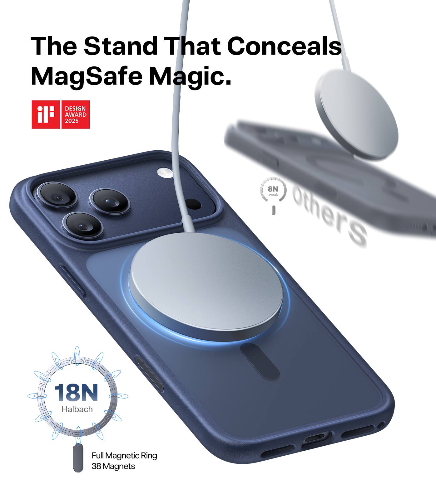 The Stand That Conceals MagSafe Magic.

DESIGN AWARD 2025

8N weak others

18N Halbach Full Magnetic Ring

38 Magnets