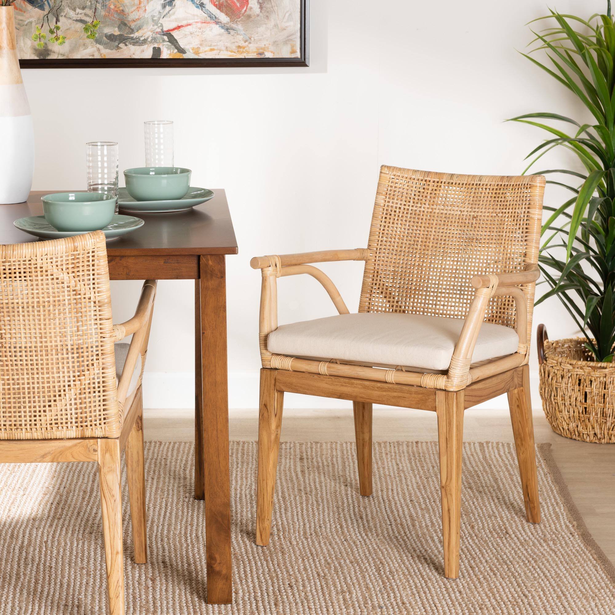 Alt View 4. bali & pari - Storsel Modern Bohemian Finished Teak Wood and Rattan Dining Chair - Natural Brown/Cream.