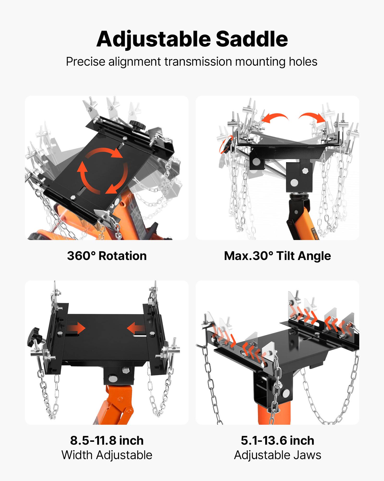 Adjustable Saddle  
Precise alignment transmission mounting holes  
360° Rotation  
Max. 30° Tilt Angle  
8.5-11.8 inch Width Adjustable  
5.1-13.6 inch Adjustable Jaws