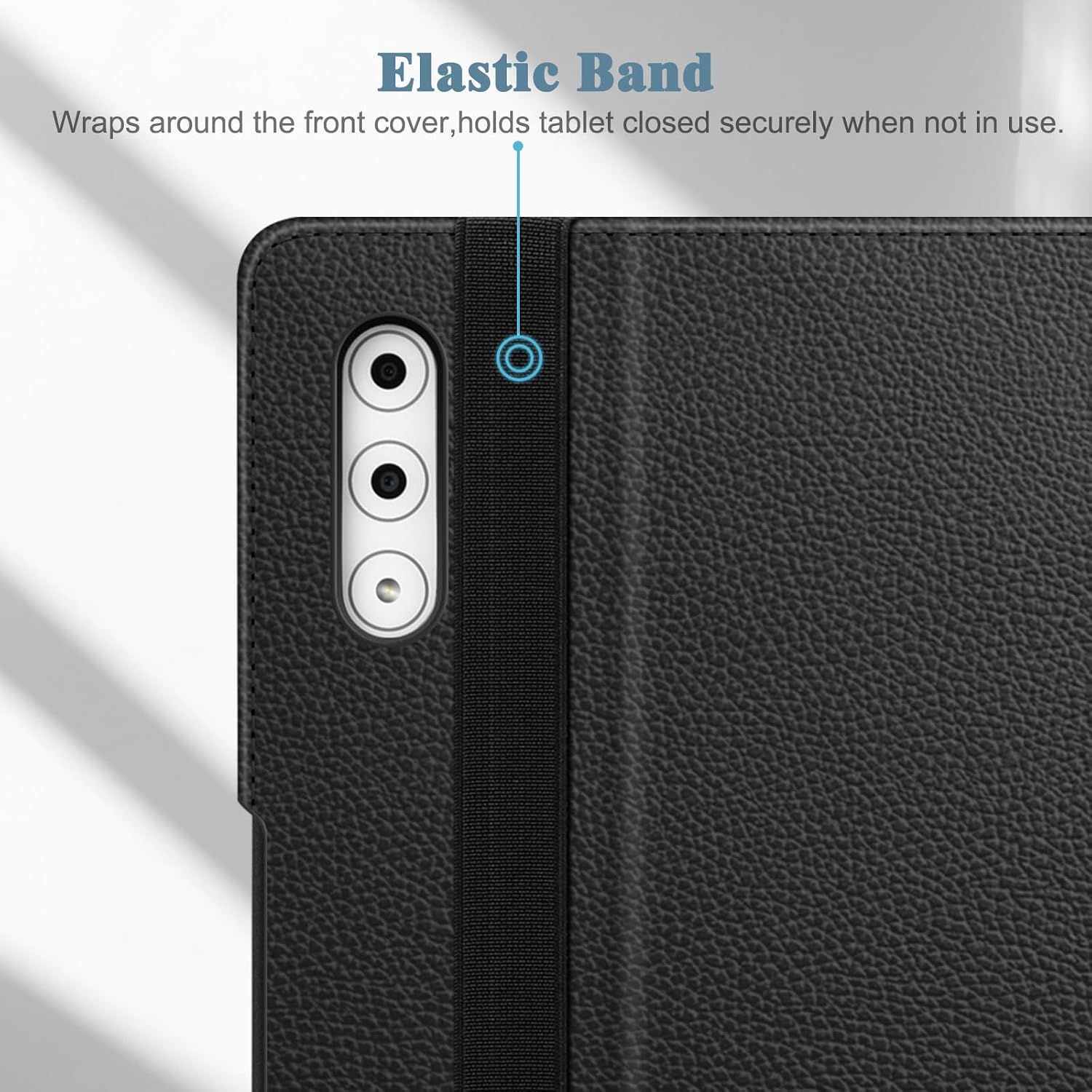 Elastic Band Wraps around the front cover, holds tablet closed securely when not in use.