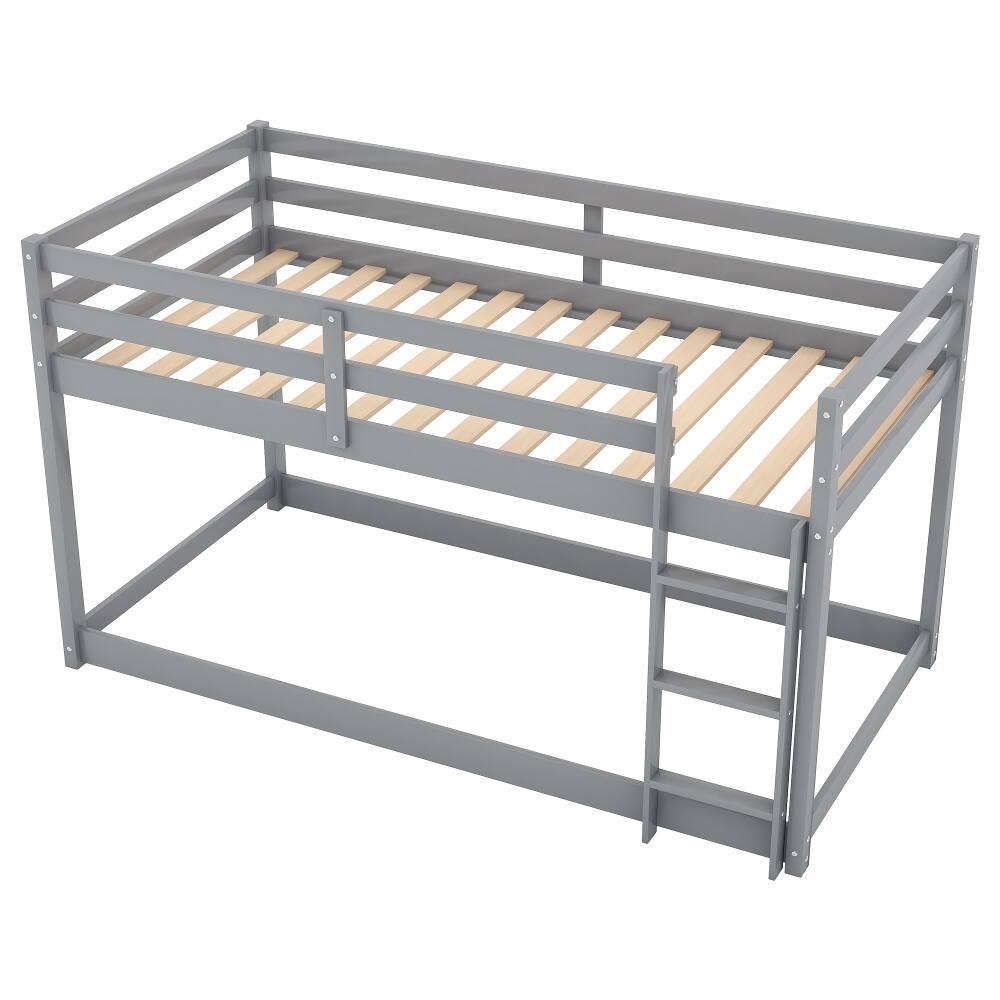 Alt View 1. Loheer - Loheer Twin Over Twin Floor Bunk Bed, Gray Solid Wood Low Bunk Bed with Ladder - Gray.