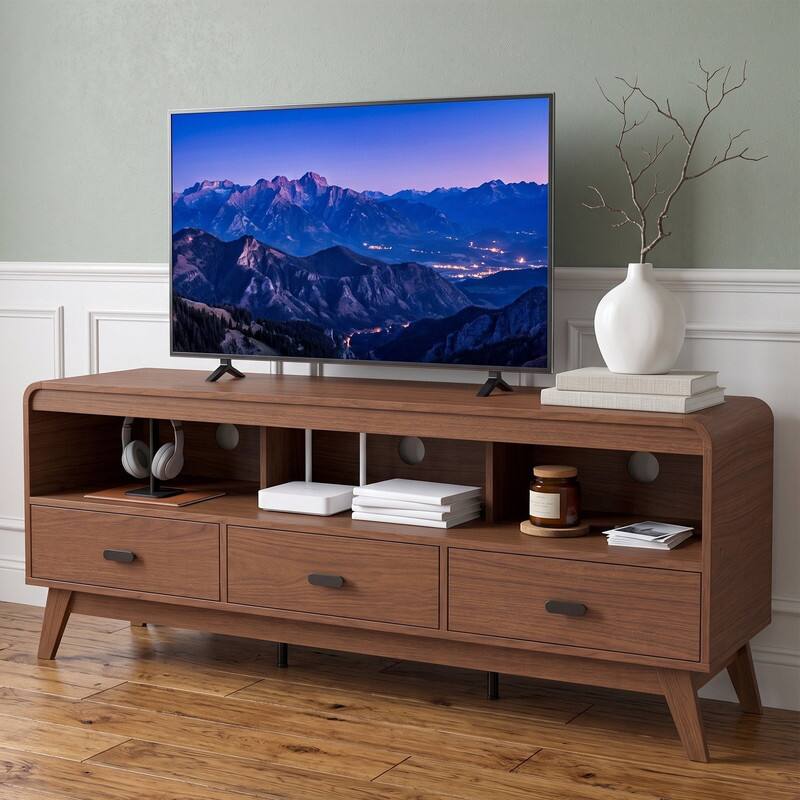 Angle. WELLFOR - 60" Mid Century Modern TV Stand for TVs up to 70" with 3 Drawers, Entertainment Center for Living Room Bedroom - Walnut.