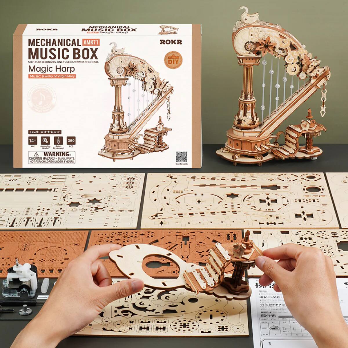 ROKR  
MECHANICAL MUSIC BOX SANDATE Magic Harp  
MECHANICAL AMK71 MUSIC BOX SELF-PLAY RESONATES, ONE TUNE CAPTIVATES THE HEART, Magic Harp Music: Jewelry of Virgin Mary  
ROKR DIY  
Level: 14+ 350 AGE Assembly Rebo ICS Model Ornament  
WARNING: CHOKING HAZARD SMALL PARTS NOT FOR CHILDREN UNDER 3 YEARS