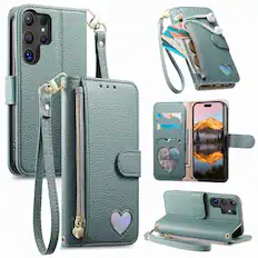 Front. Dteck - PU Leather Wallet Case for Samsung Galaxy S25 Ultra with Wrist Strap Zipper Pocket, Protective Folio Kickstand Cover - Blue.