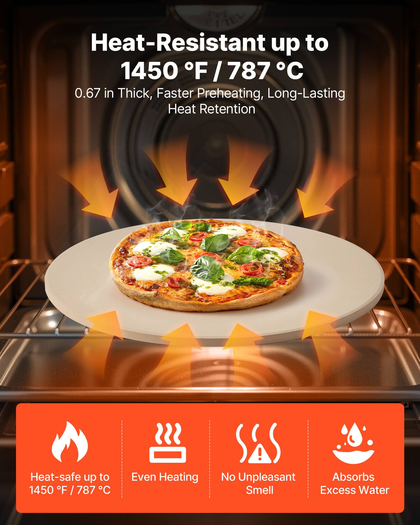 Heat-Resistant up to 1450 °F / 787 °C  
0.67 in Thick, Faster Preheating, Long-Lasting Heat Retention  

Heat-safe up to 1450 °F / 787 °C  
Even Heating  
No Unpleasant Smell  
Absorbs Excess Water