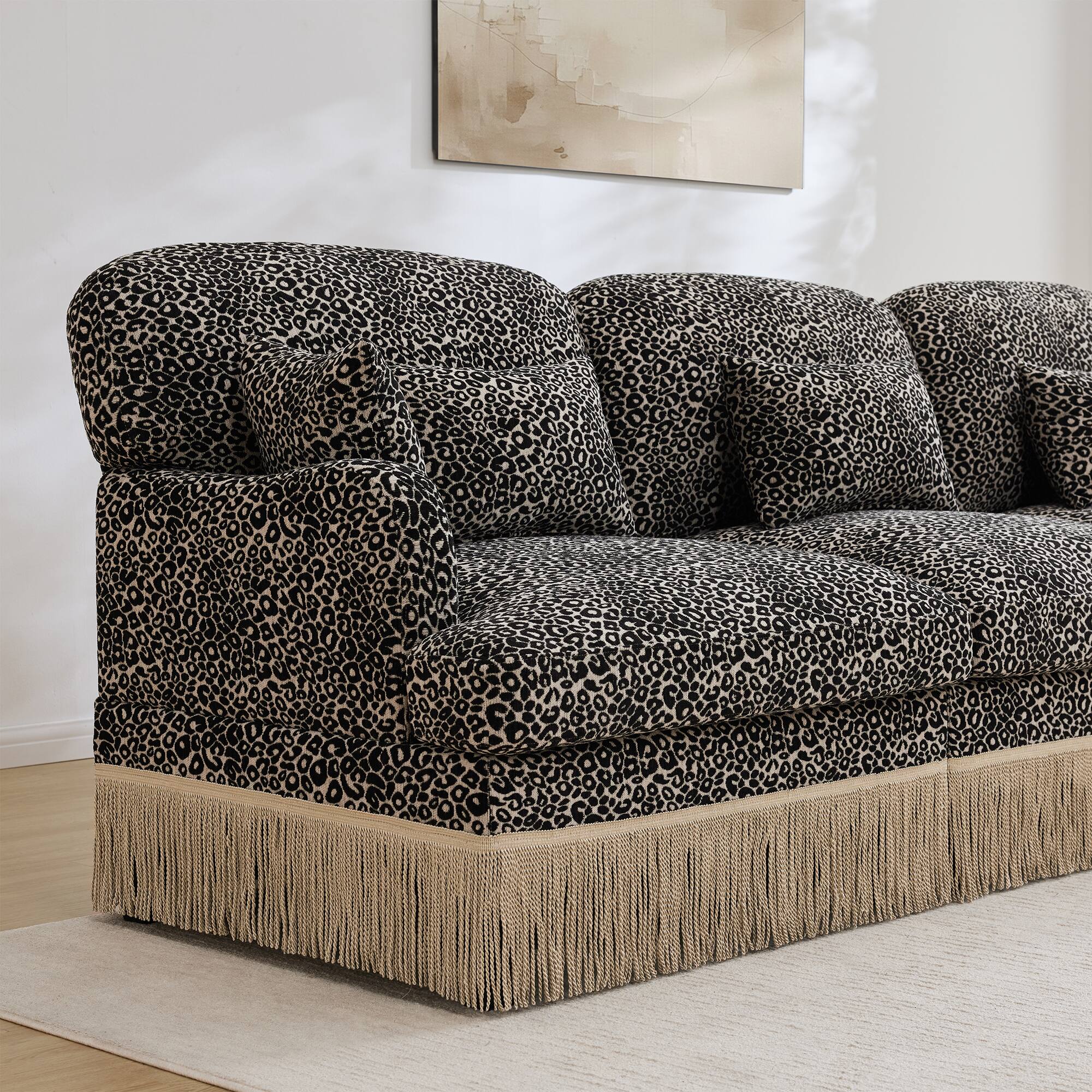Back. Anysun - 131" Modern Chenille Leopard U-Shaped Sofa - Tassel Edge, Movable Ottomans, Ergonomic, Easy Assembly, Deep Seat - Khaki.