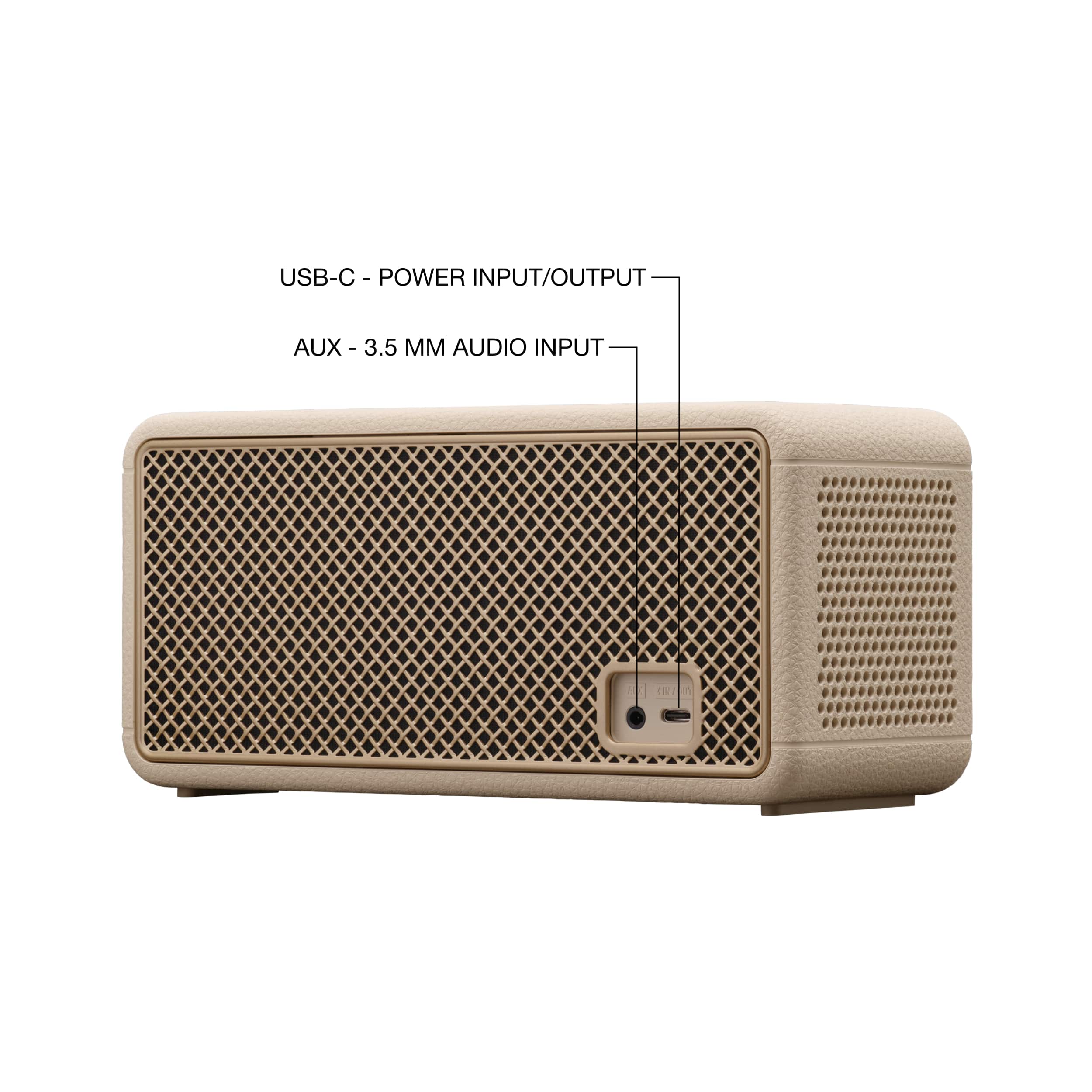 The text on the image reads:
USB-C Power Input/Output
AUX 3.5mm Audio Input
This information is likely describing the features and capabilities of the speaker, such as its compatibility with USB-C devices for power input and output, as well as its ability to connect to an external audio source through a 3.5mm audio input.