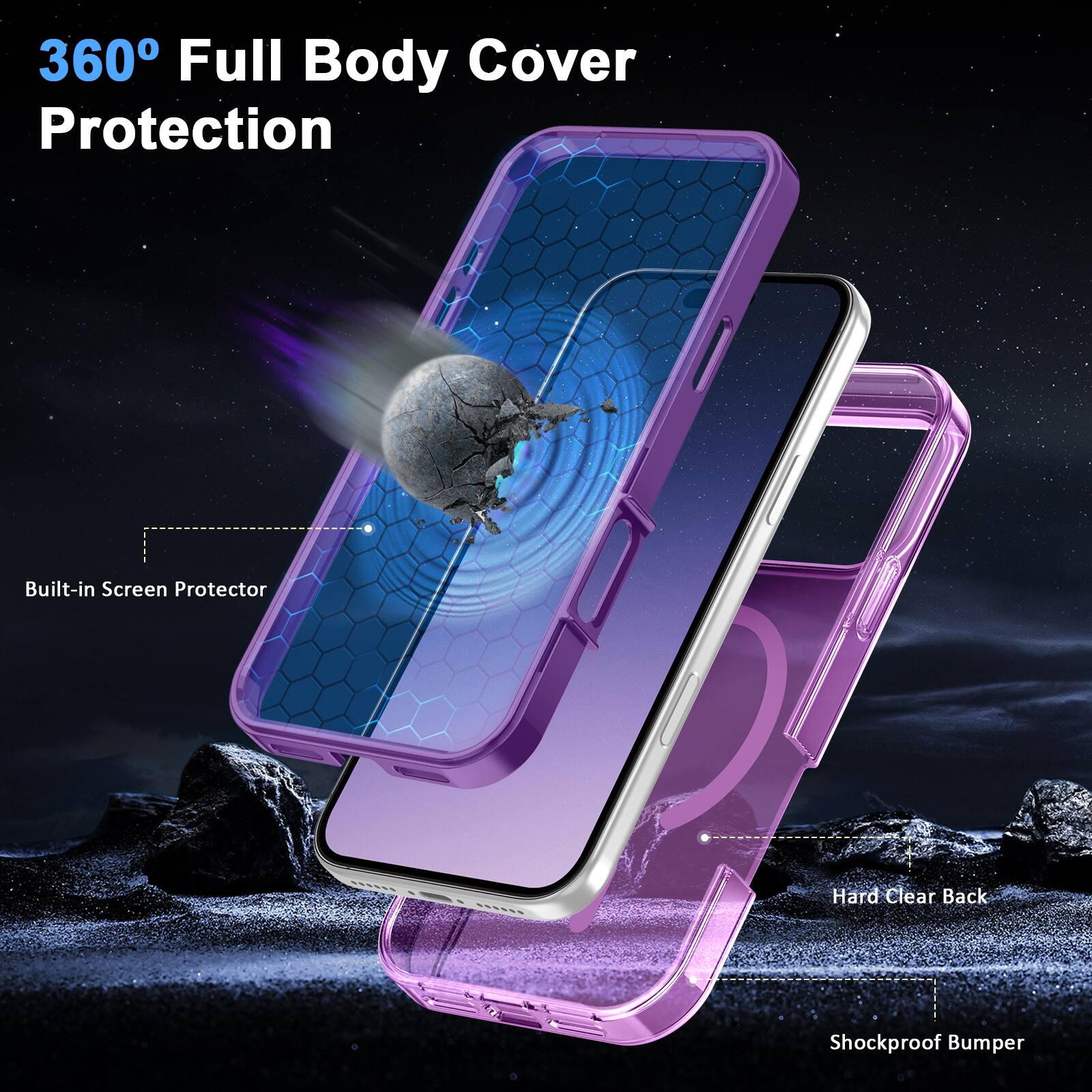 360° Full Body Cover Protection

- Built-in Screen Protector
- Hard Clear Back
- Shockproof Bumper